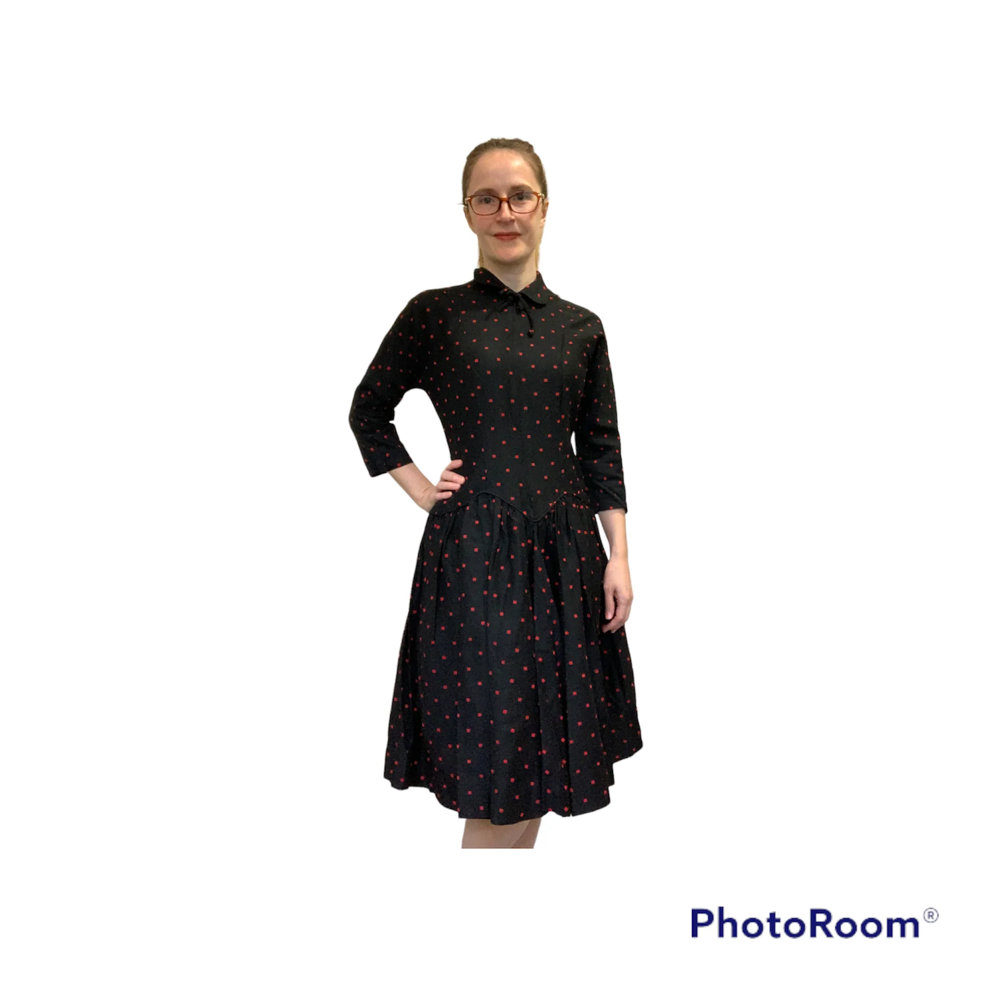 50s/60s Polka Dot Black Dress Red Dots 34 26 S Party - Image 6