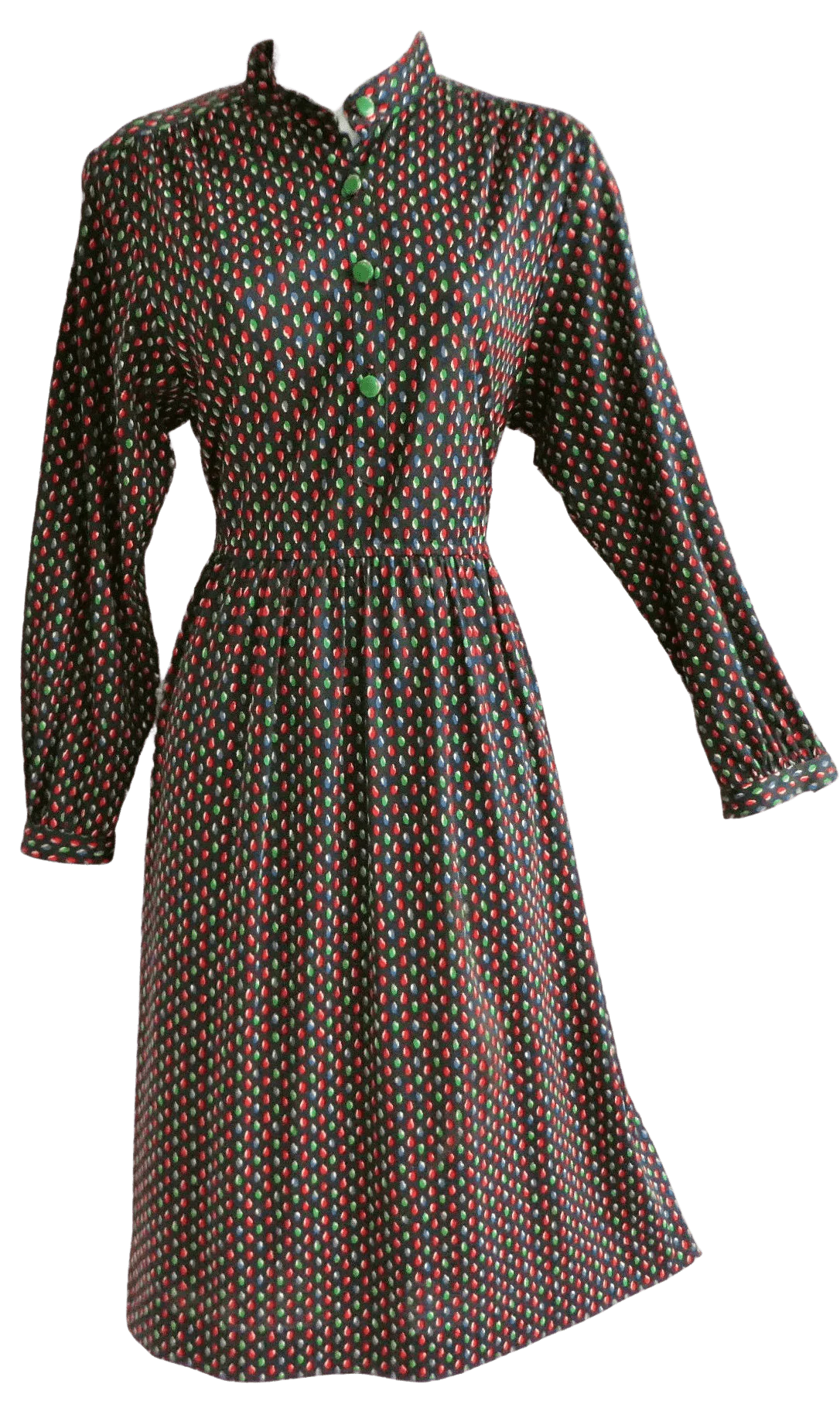 50s/60s Poly Knit Mcm Midi Dress Polka Teardrops Academia