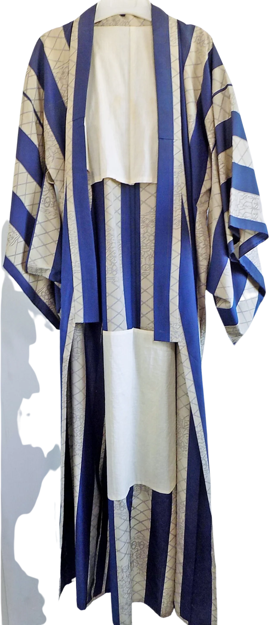 50s 60s Post War Woman's Robe Summer Navy Blue Gray No Flaws Open Sleeve Long