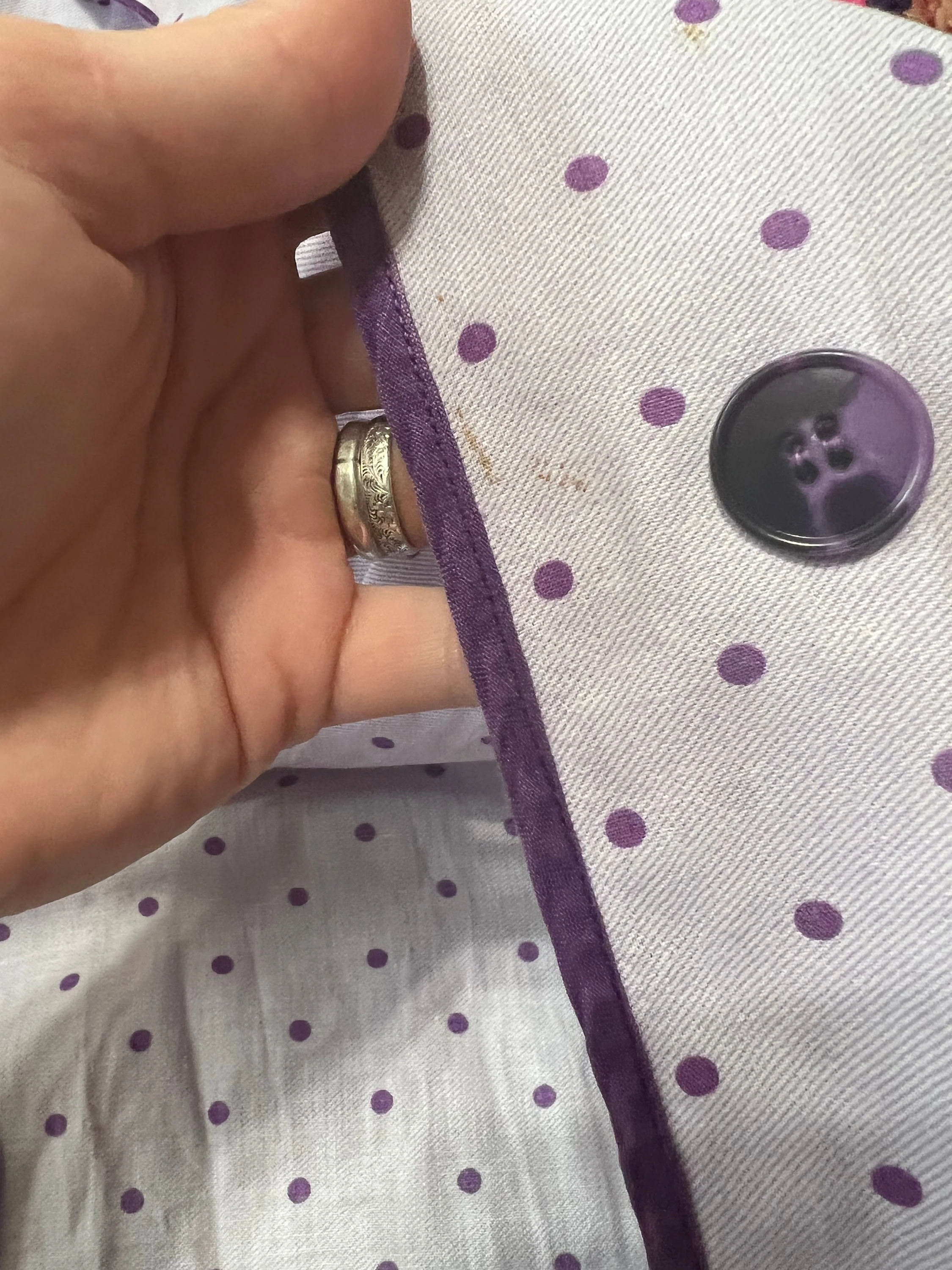 50s/60s Purple Lilac Polka Dot Scalloped Button Up Smock Sleeveless Pocket Dress - Image 7