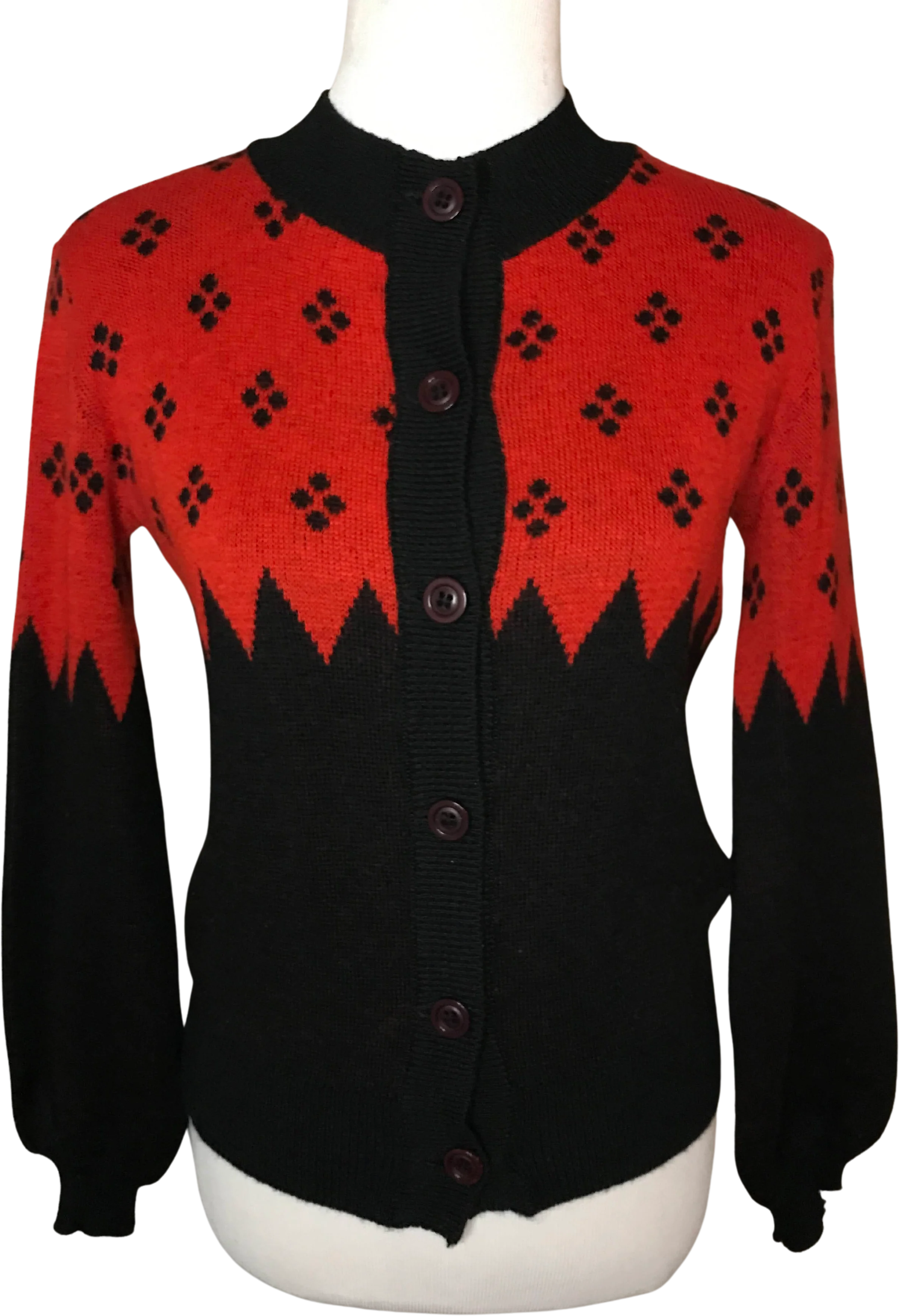 50s/60s Red Black Knit Zig Zag Puff Sleeve Mcm Cardigan By Dorothee Bis