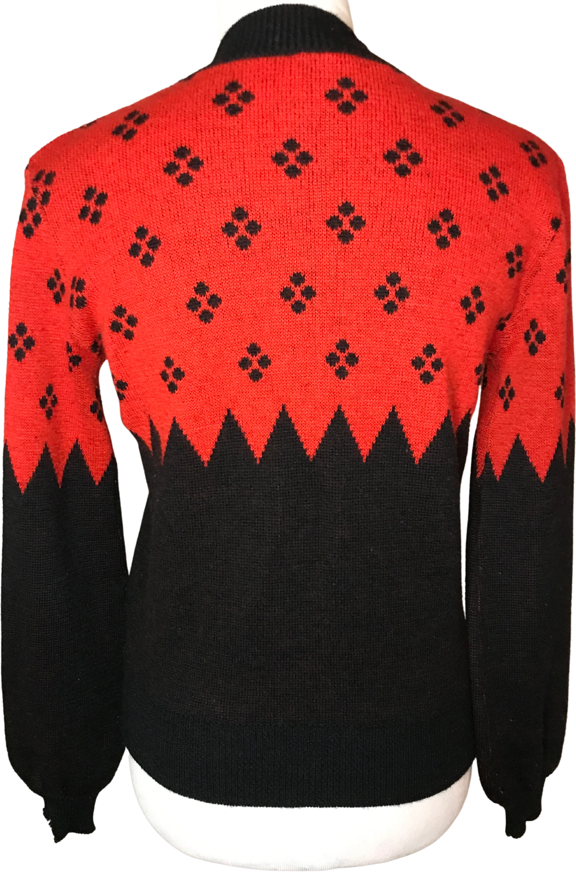 50s/60s Red Black Knit Zig Zag Puff Sleeve Mcm Cardigan By Dorothee Bis - Image 2