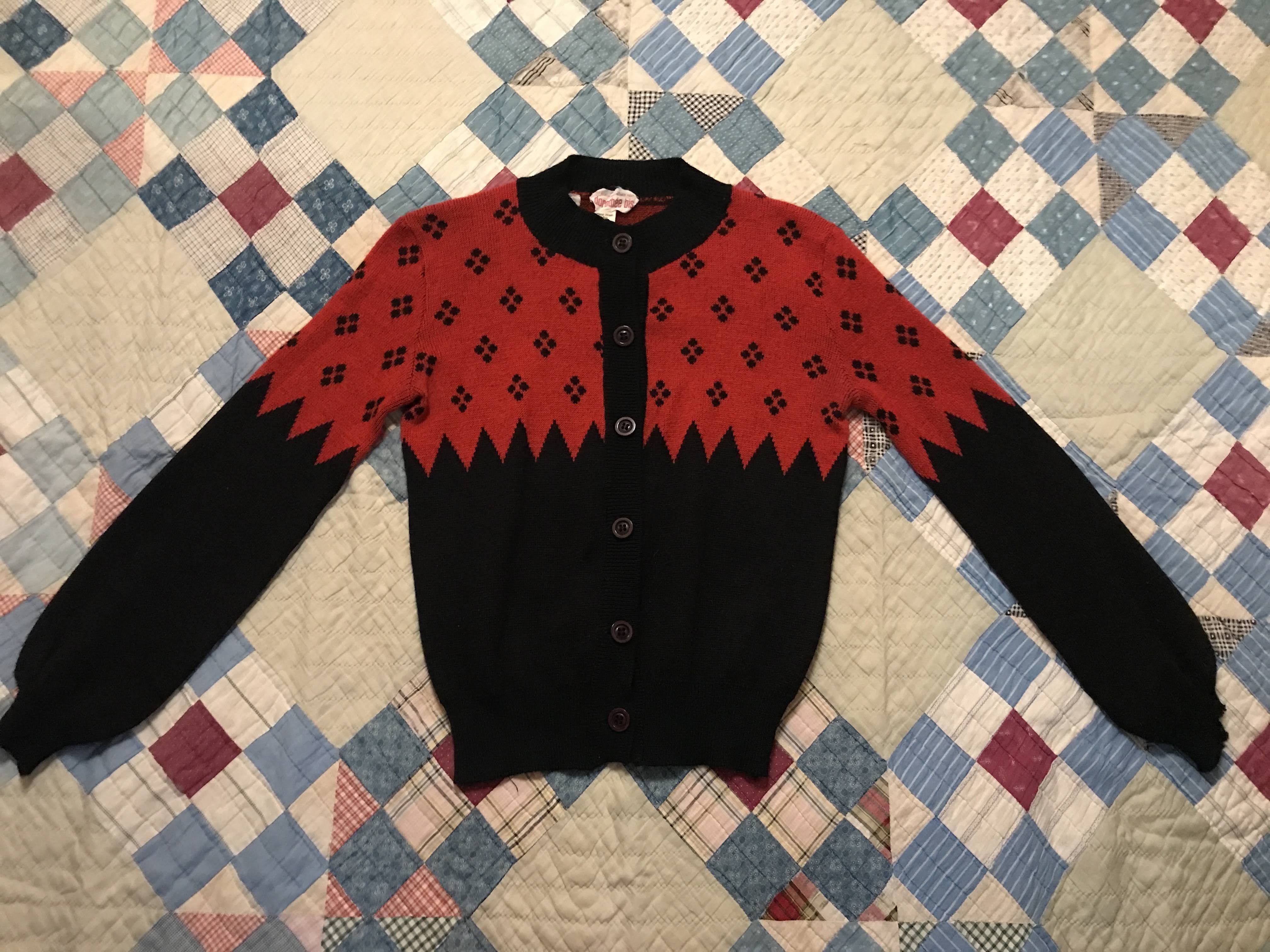 50s/60s Red Black Knit Zig Zag Puff Sleeve Mcm Cardigan By Dorothee Bis - Image 6