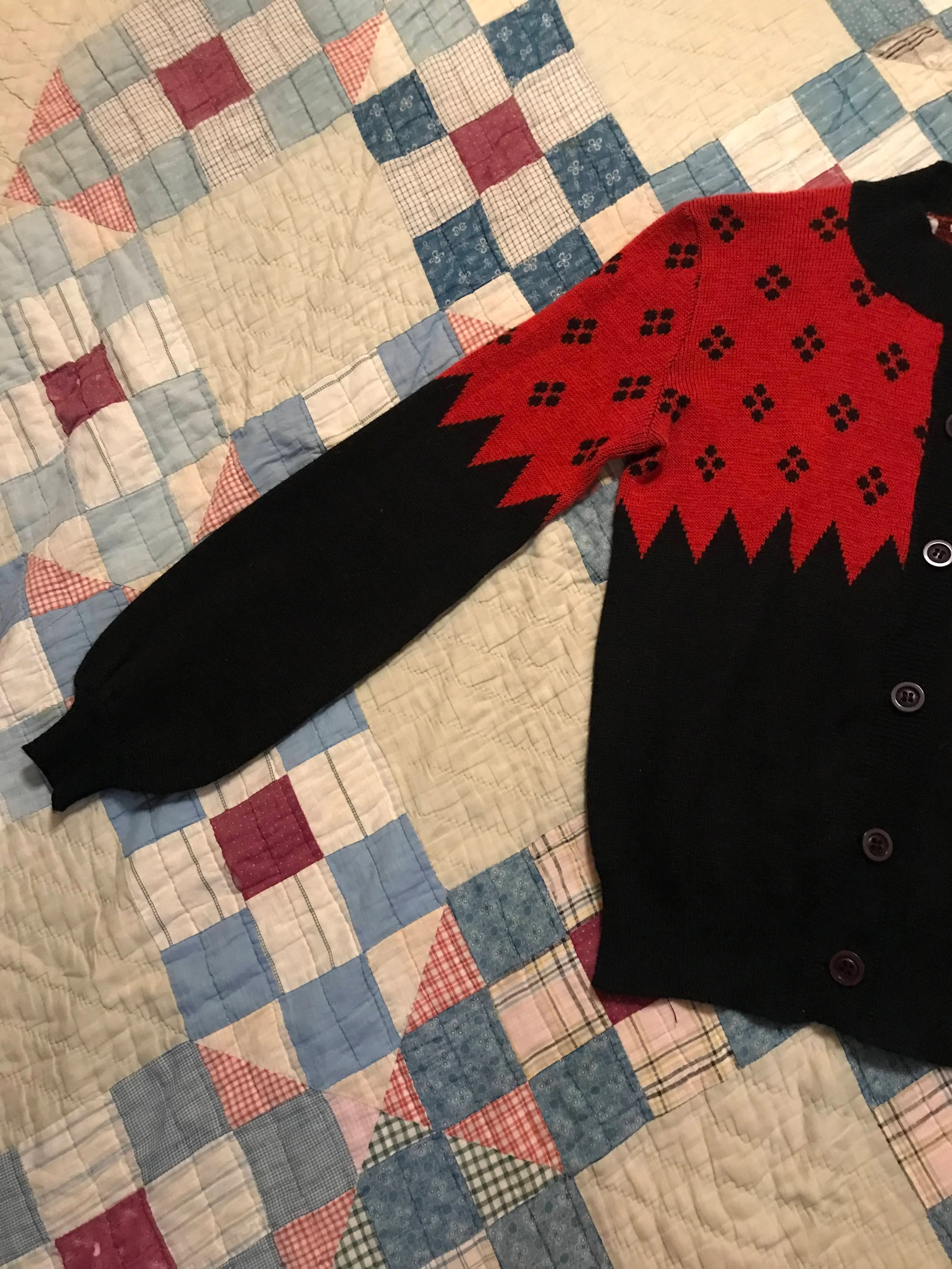 50s/60s Red Black Knit Zig Zag Puff Sleeve Mcm Cardigan By Dorothee Bis - Image 8