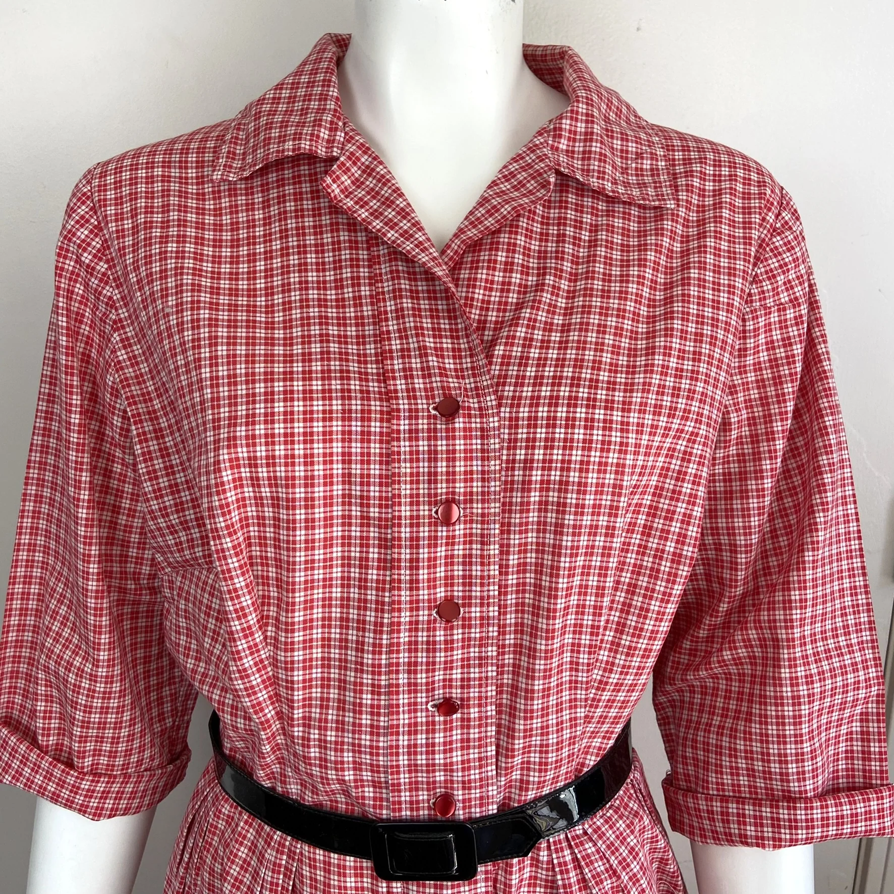 50s/60s Red White Plaid Shirtwaist Midi House Day Dress - Image 3