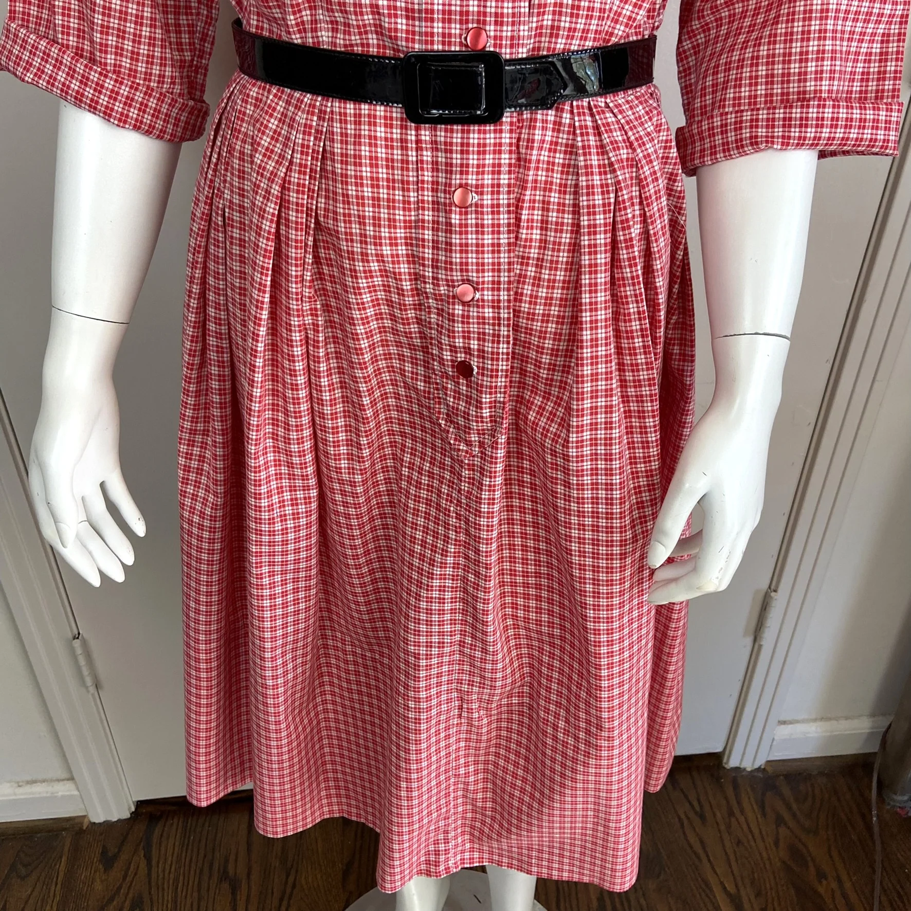 50s/60s Red White Plaid Shirtwaist Midi House Day Dress - Image 4