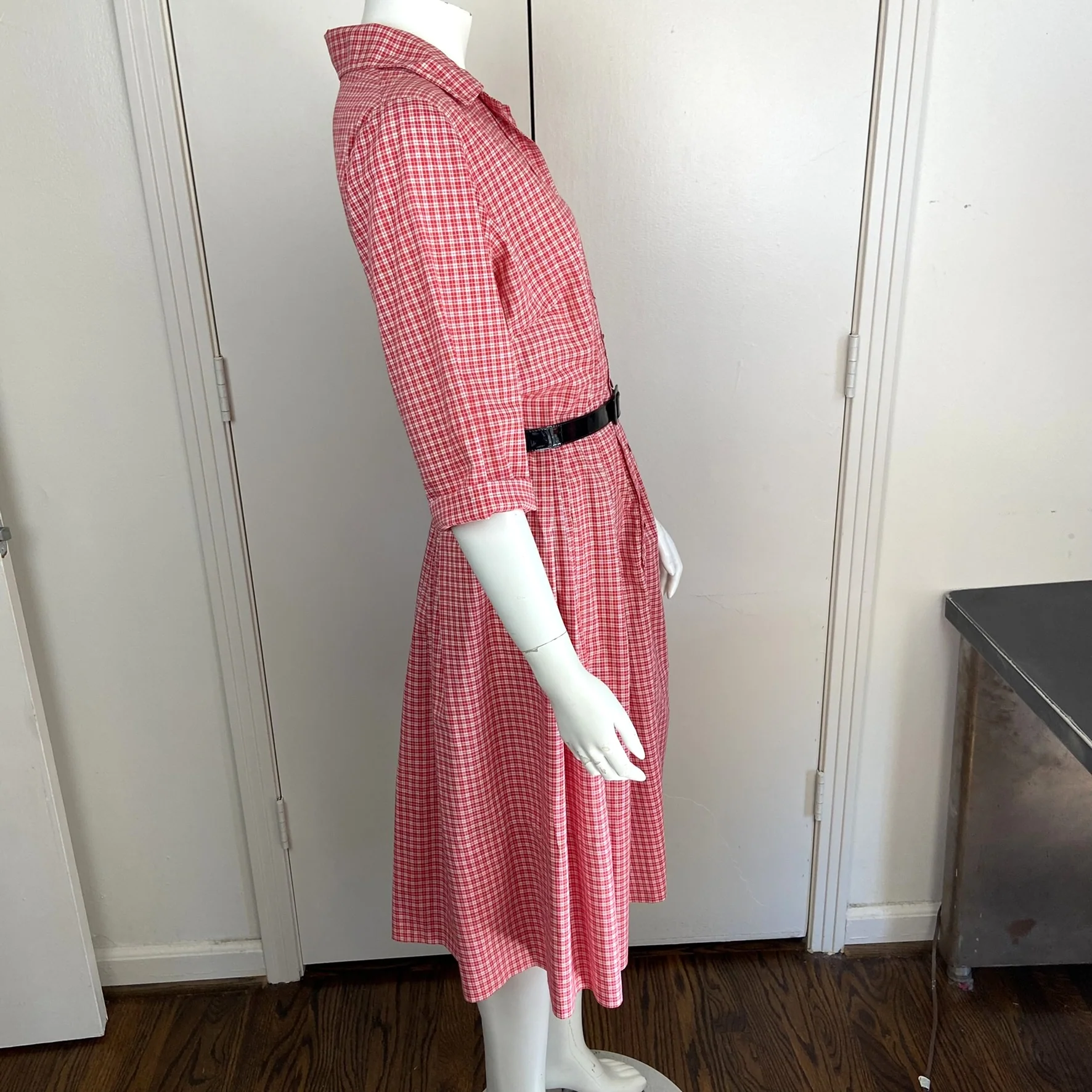 50s/60s Red White Plaid Shirtwaist Midi House Day Dress - Image 5