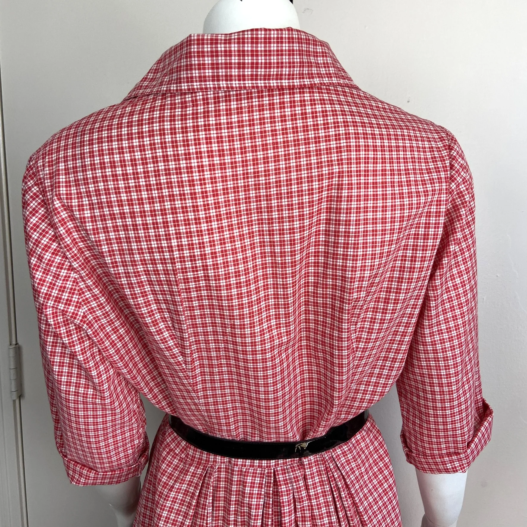 50s/60s Red White Plaid Shirtwaist Midi House Day Dress - Image 7
