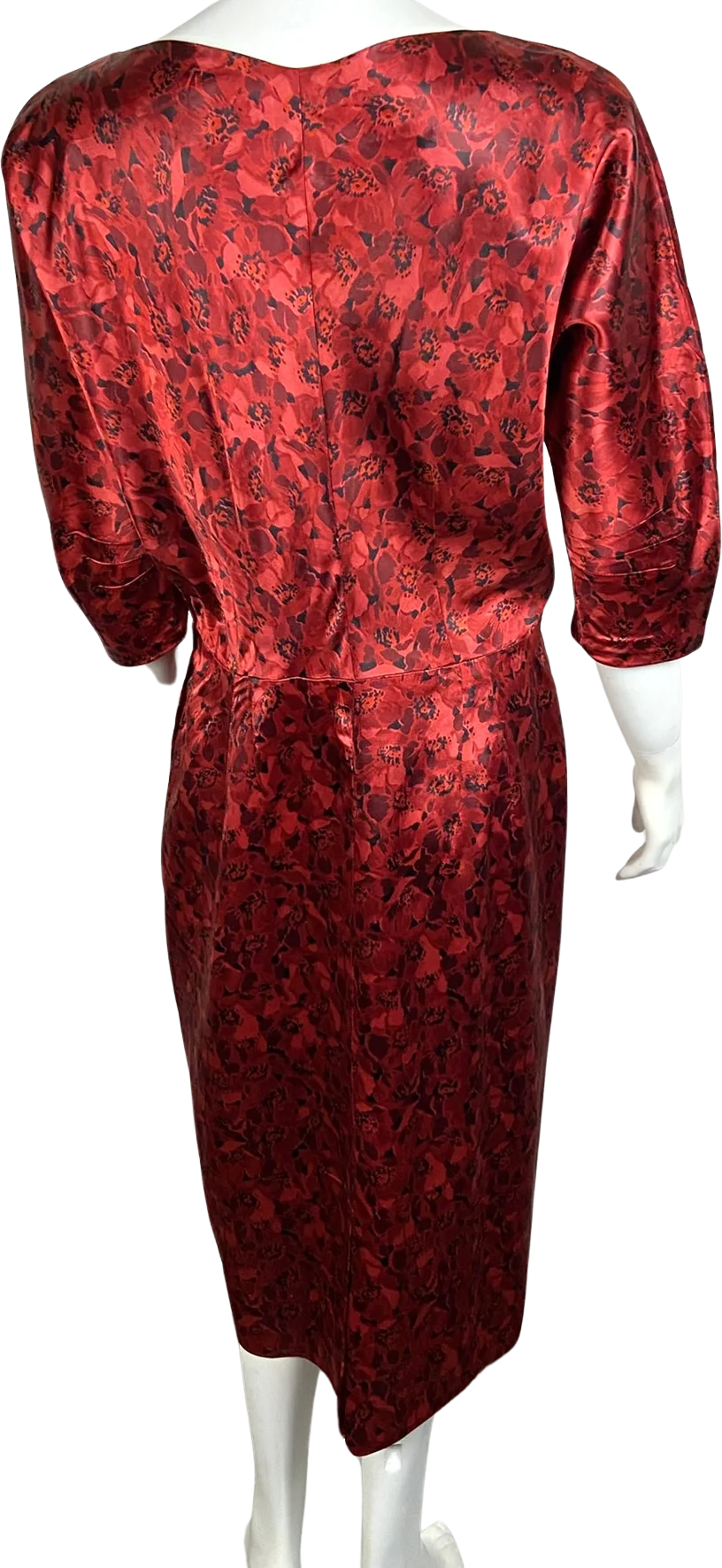 50s/60s Satin Poppy Floral Midi Wiggle Pencil Sheath Dress - Image 2