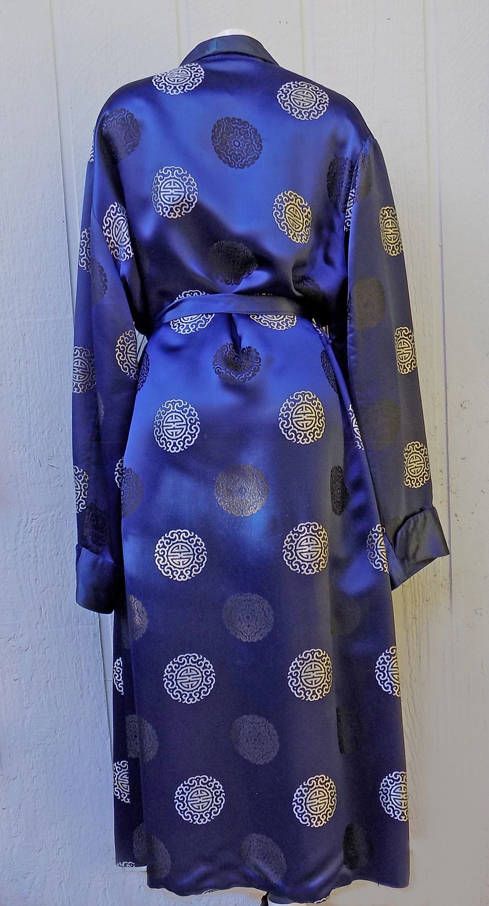 50s 60s Satin Robe Navy Blue Large Luxurious Hollywood Lounge Wear Smoking Robe Unisex - Image 2