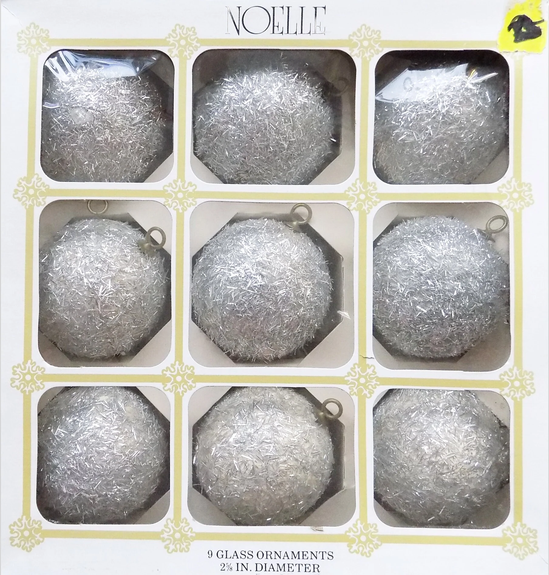 50s 60s Set of 9 Glass Ornaments by Noelle Each 2 and 38ths Diameter Metal Hook Silver Fuzzy by Noelle