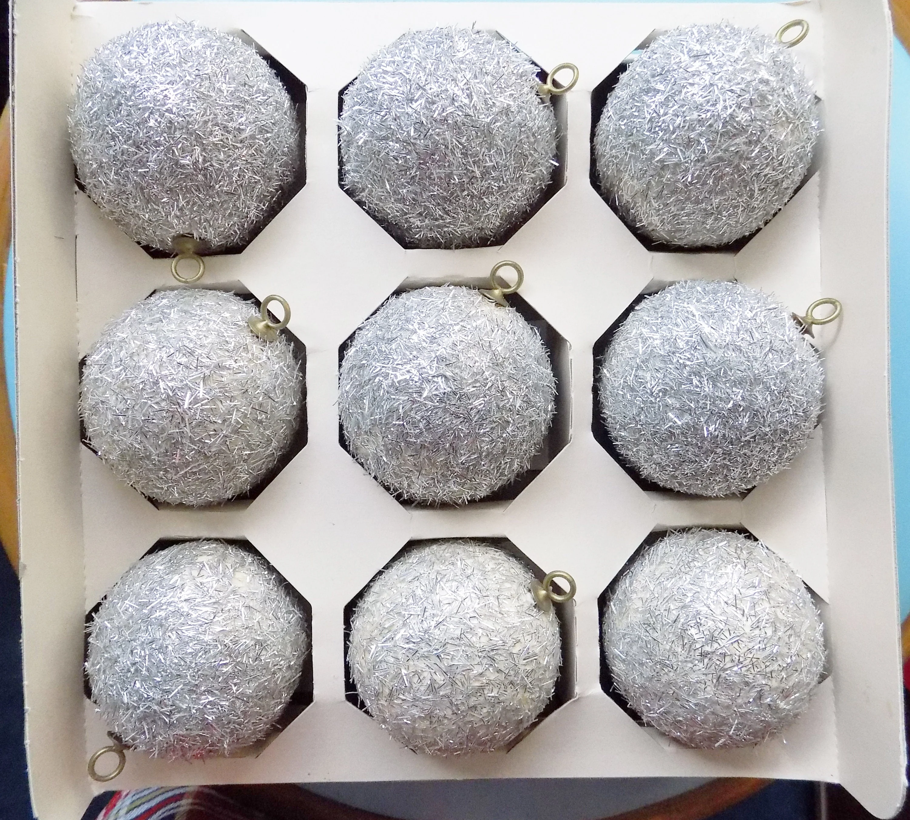 50s 60s Set of 9 Glass Ornaments by Noelle Each 2 and 38ths Diameter Metal Hook Silver Fuzzy by Noelle - Image 2
