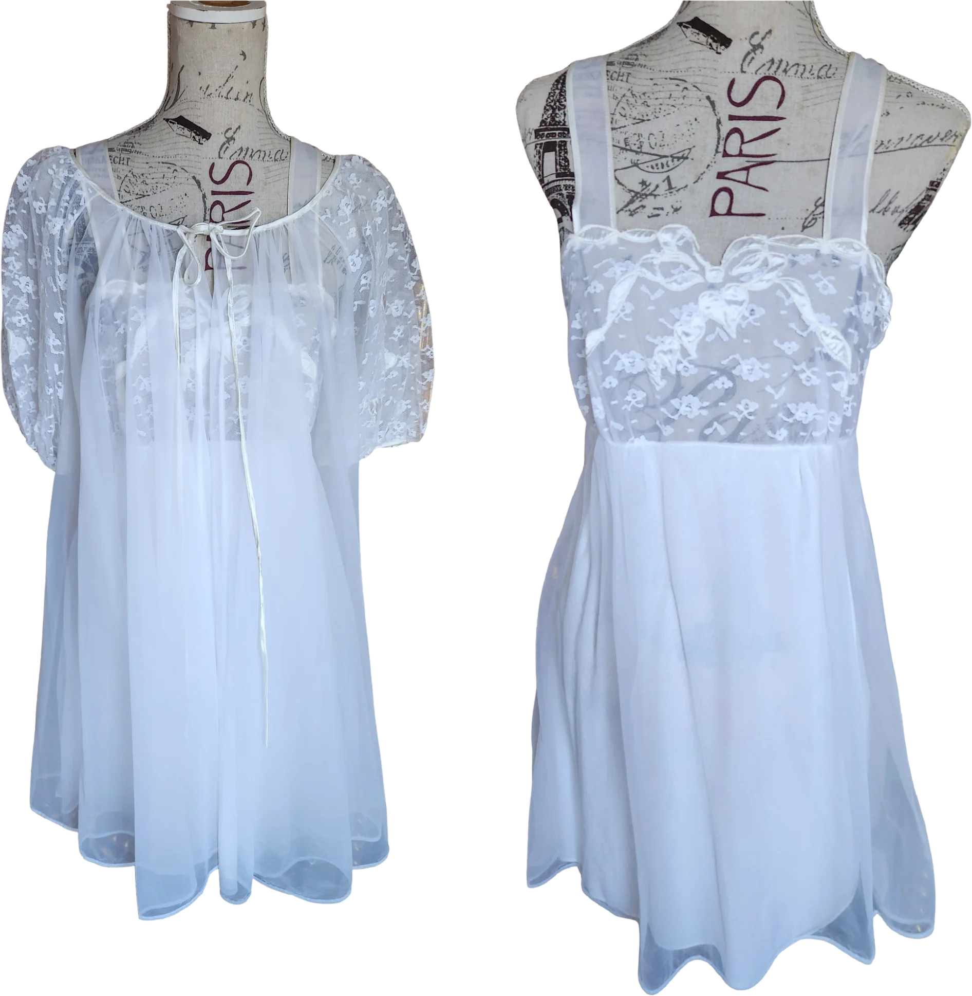 50s/60s Sexy Short White Chiffon Bridal Peignoir Set By Movie Star