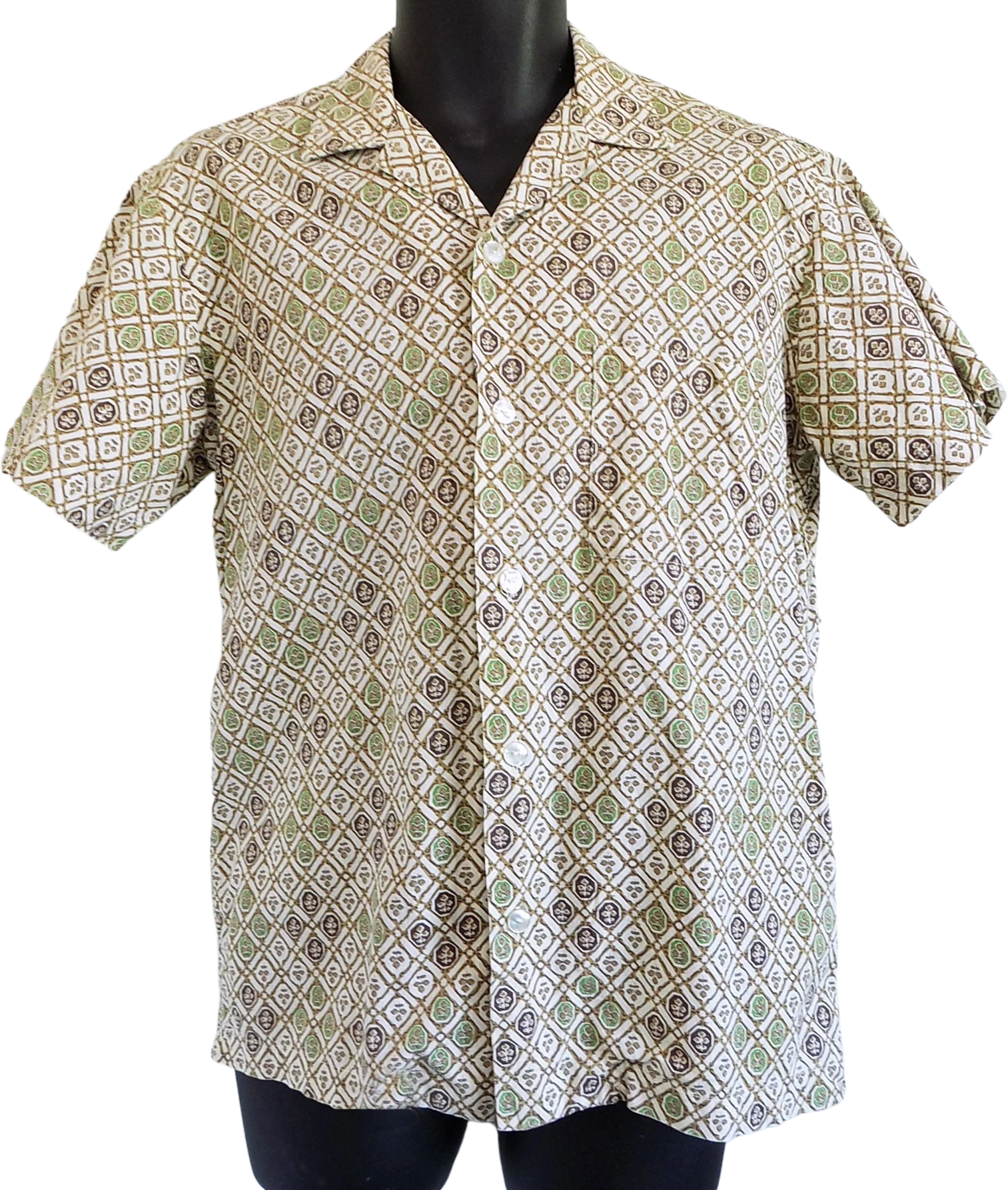 50s 60s Short Sleeved Man's Jantzen Cotton Shirt Brown Green Gold Beige M Pocket Print by Jantzen