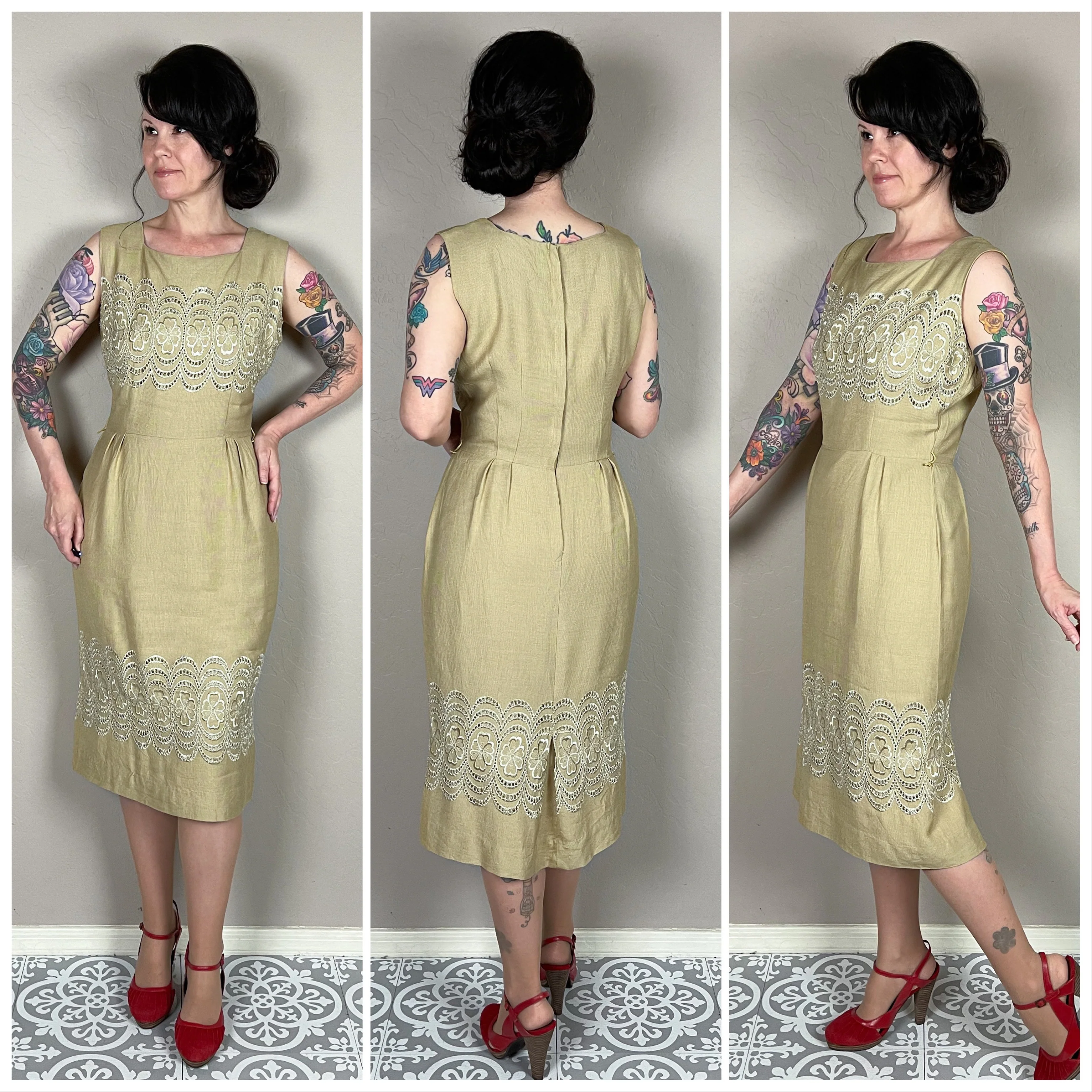 50s/60s Tan Embroidered Linen Sleeveless Sheath Dress - Image 3