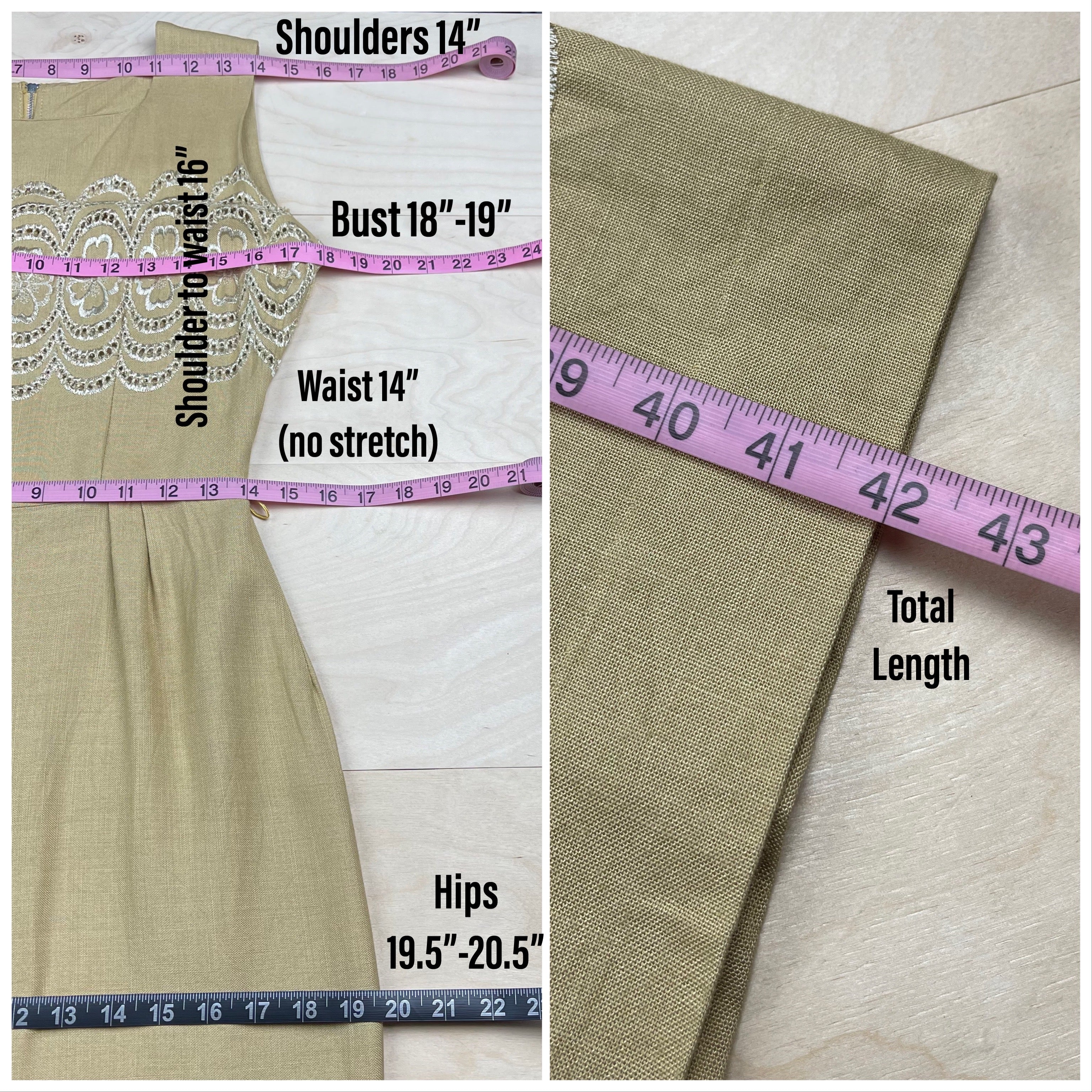 50s/60s Tan Embroidered Linen Sleeveless Sheath Dress - Image 6