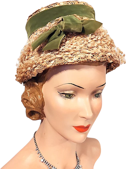 50s/60s Tan Straw Flower Pot Hat With Green Ribbon Bow By Roberta Bernays