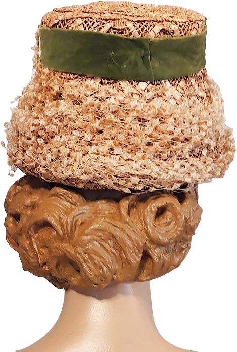 50s/60s Tan Straw Flower Pot Hat With Green Ribbon Bow By Roberta Bernays - Image 2