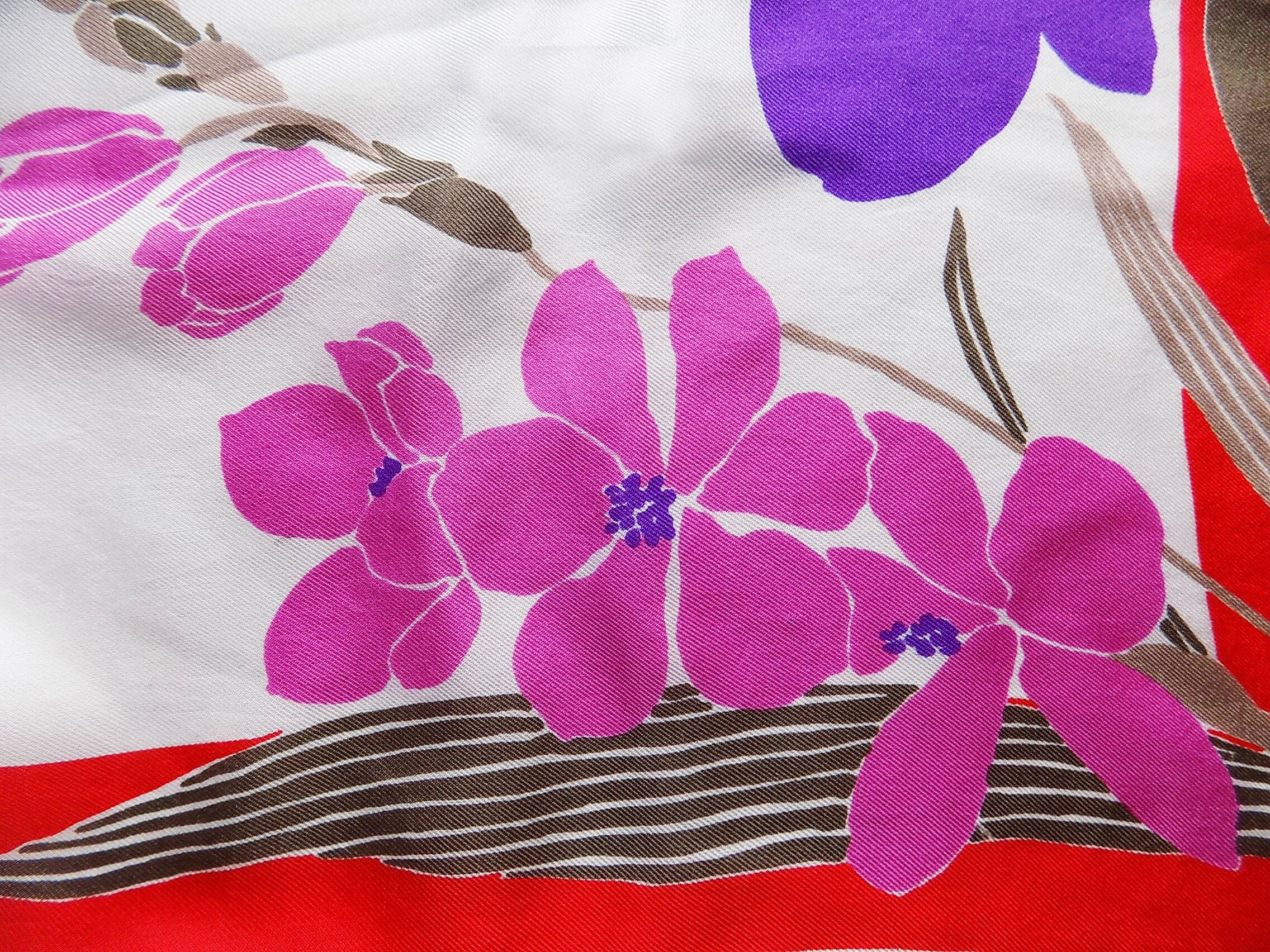 50s 60s Vera Silk Scarf Machine Hemmed Made In Japan Blue Red Purple White Brown Floral Designer by Vera - Image 5