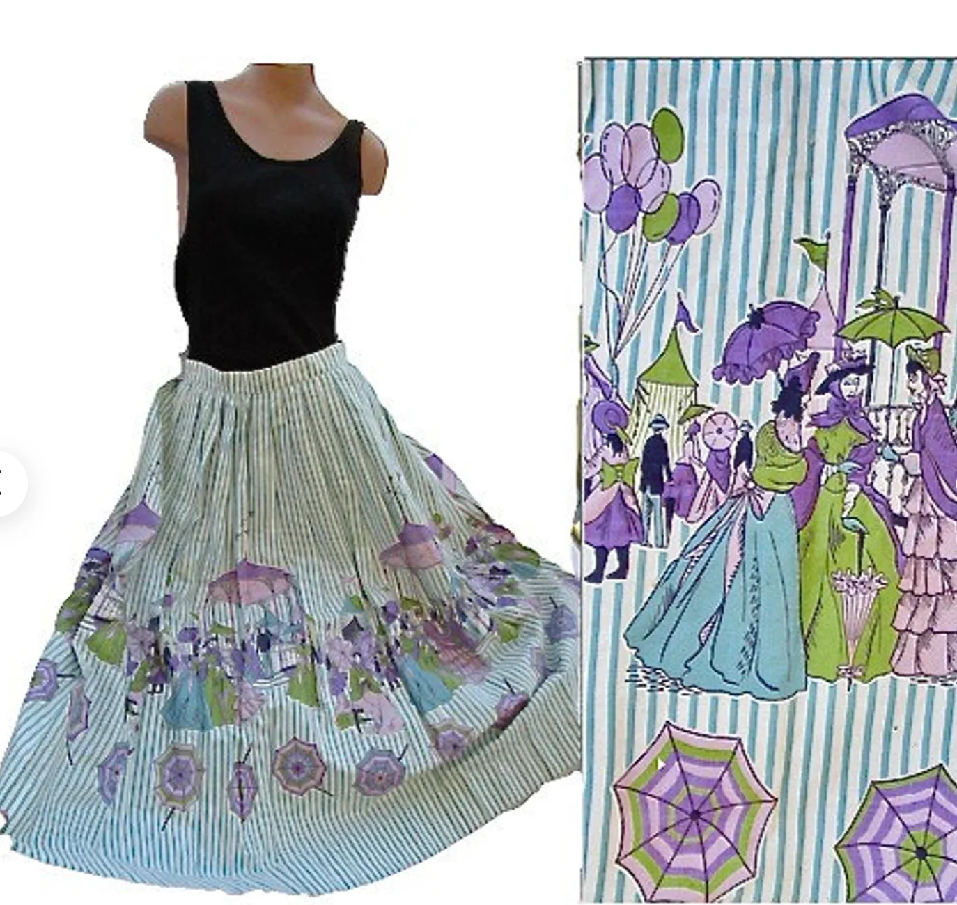 50s/60s Victorians On A Border Print Skirt Fair Scene By Graff of California - Image 3