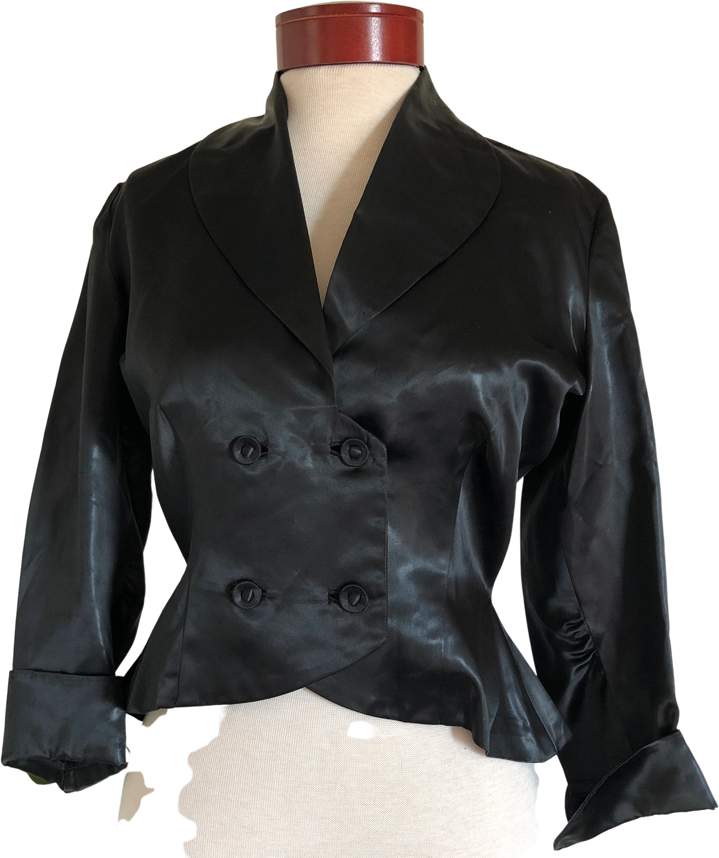 50s/60s Vintage Black Peplum Blouse Jacket Cropped Satin By Hand-Sewn Vintage