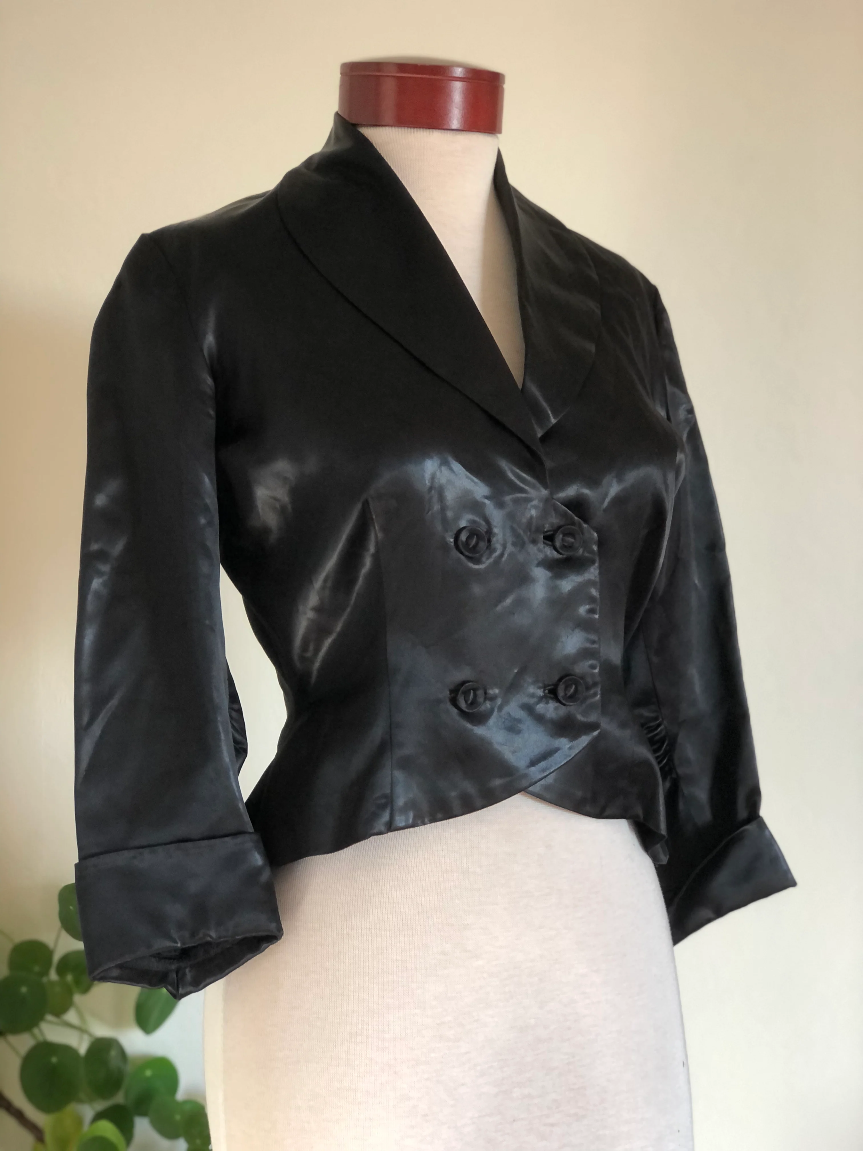 50s/60s Vintage Black Peplum Blouse Jacket Cropped Satin By Hand-Sewn Vintage - Image 3