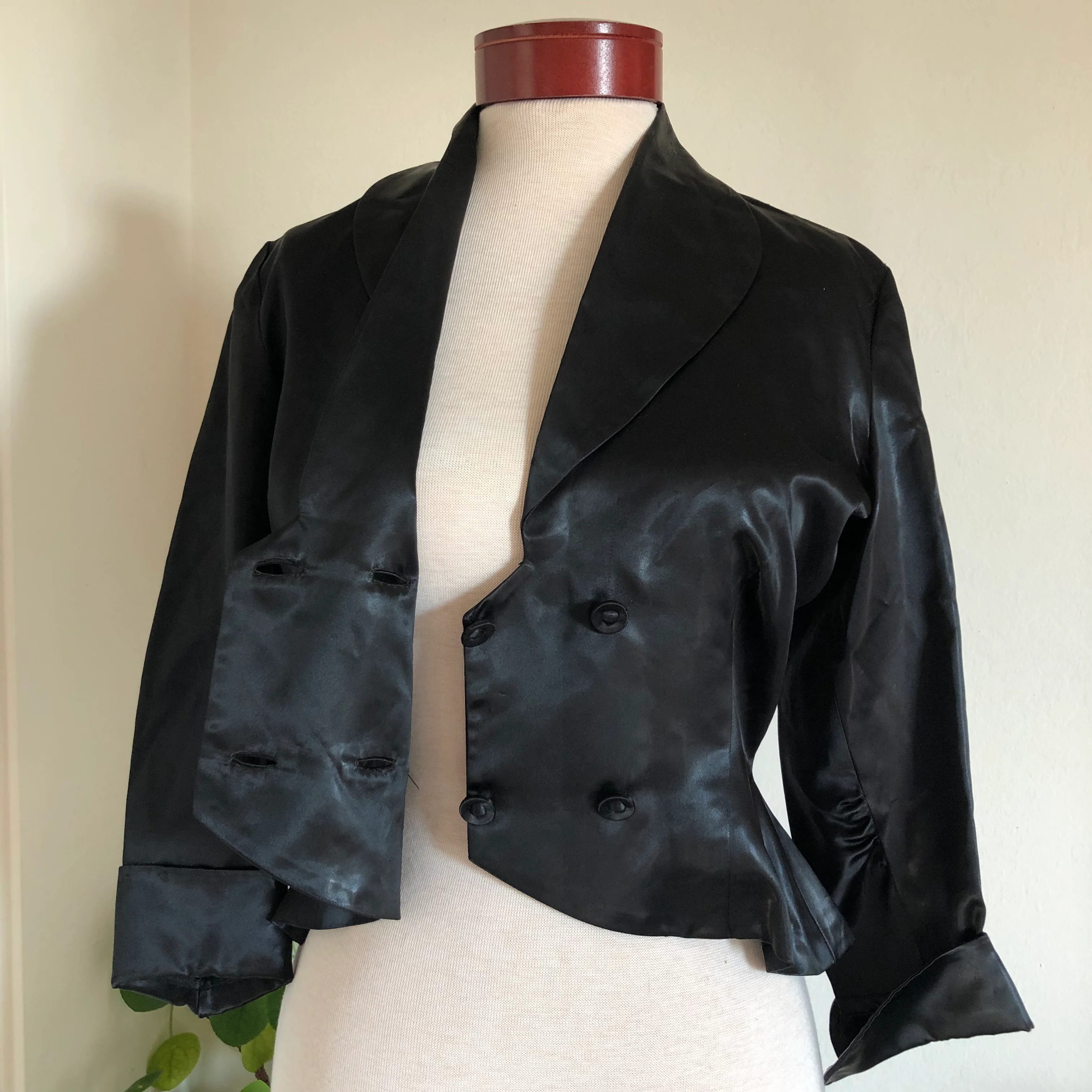 50s/60s Vintage Black Peplum Blouse Jacket Cropped Satin By Hand-Sewn Vintage - Image 4