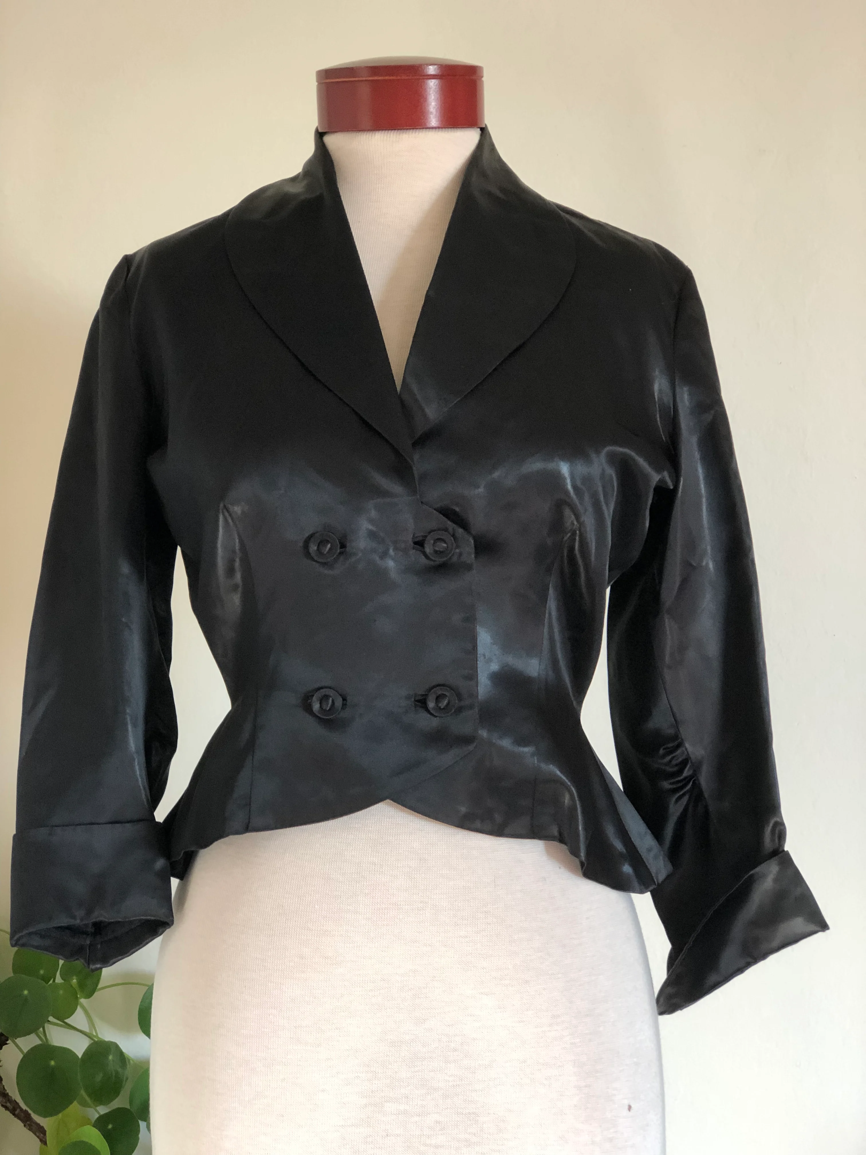 50s/60s Vintage Black Peplum Blouse Jacket Cropped Satin By Hand-Sewn Vintage - Image 9