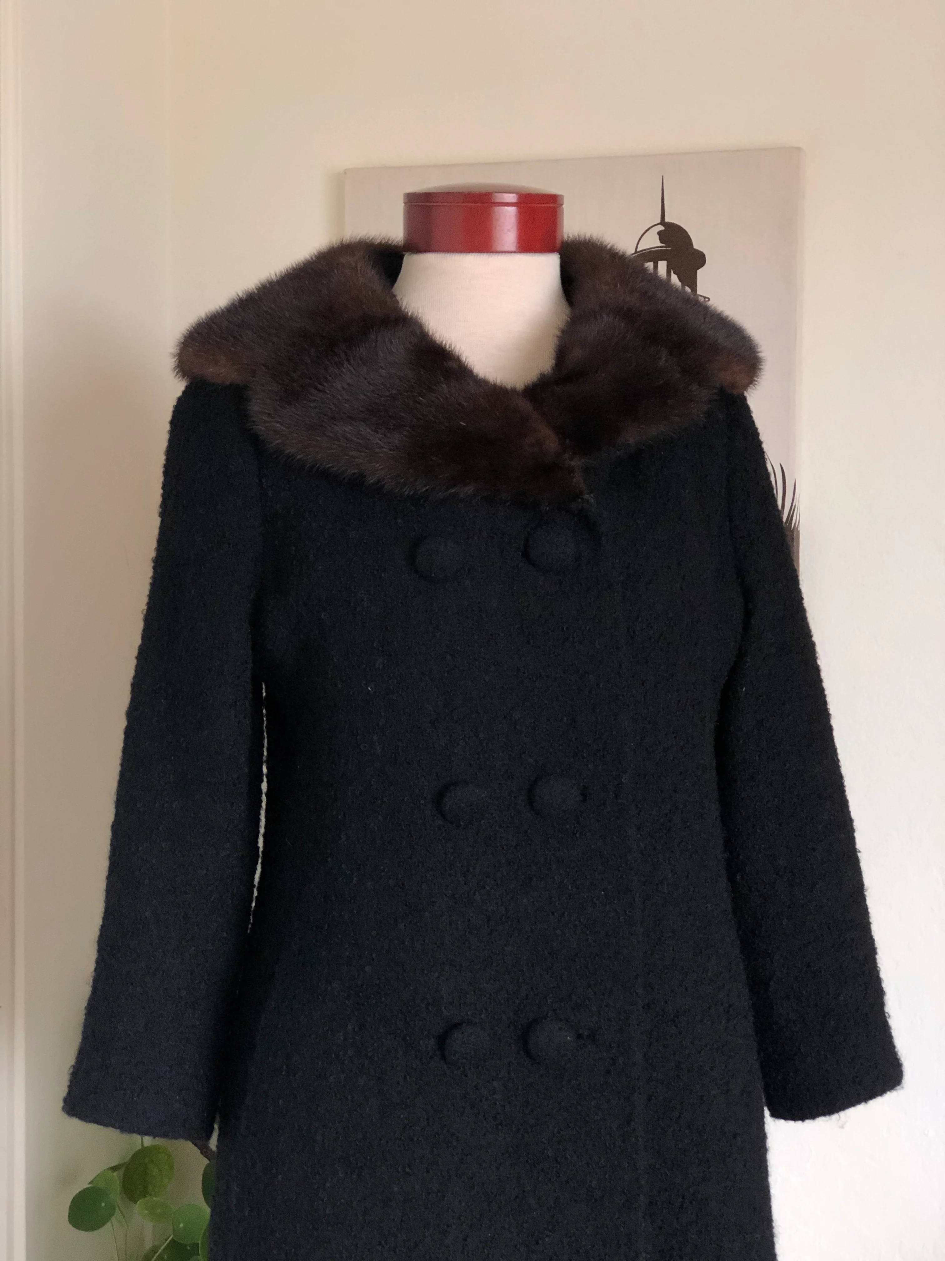 50s/60s Vintage Black Wool Coat Mink Fur Collar 60s Mod By Stratton Petites Ilgwu - Image 7