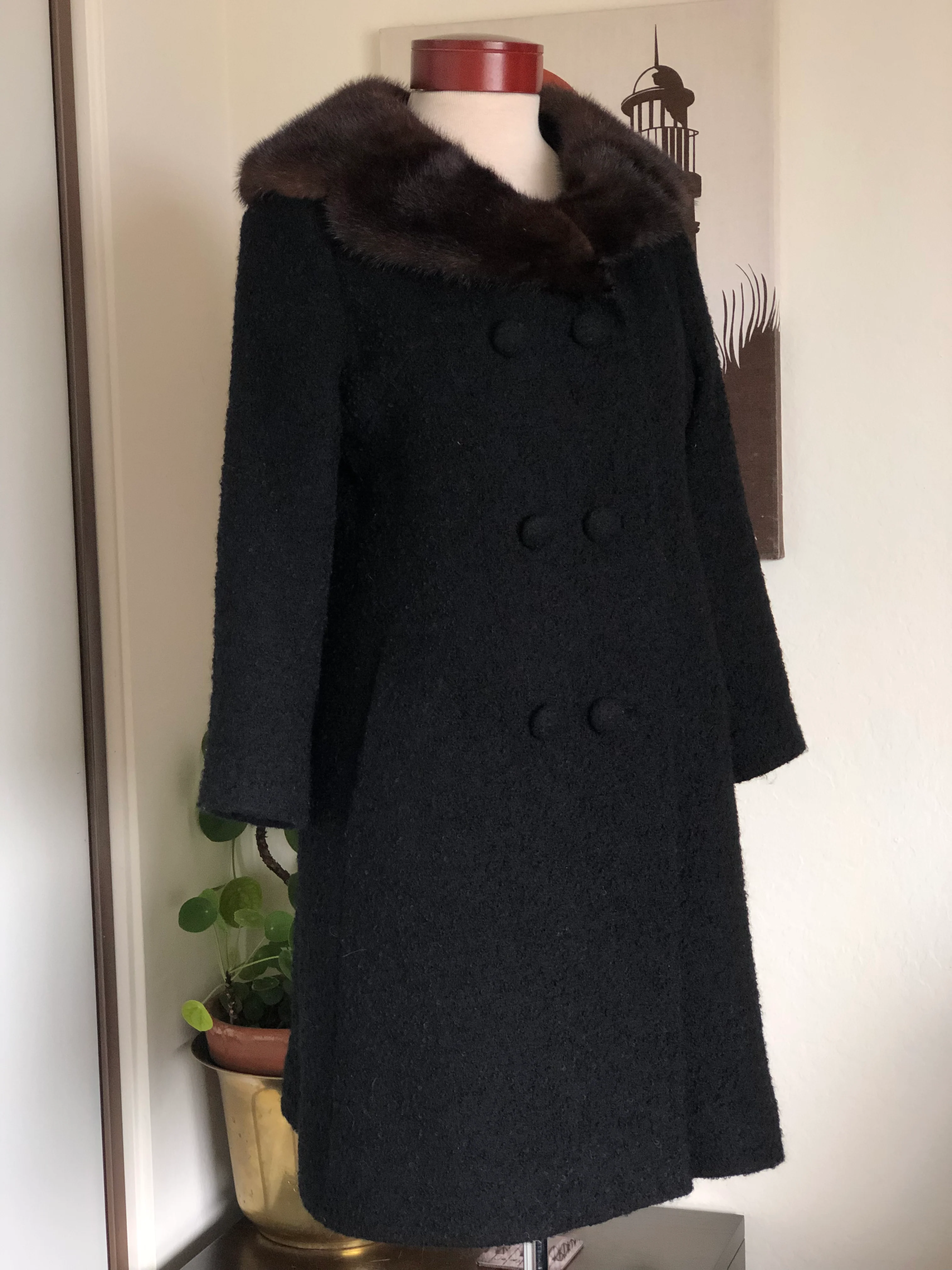 50s/60s Vintage Black Wool Coat Mink Fur Collar 60s Mod By Stratton Petites Ilgwu - Image 9