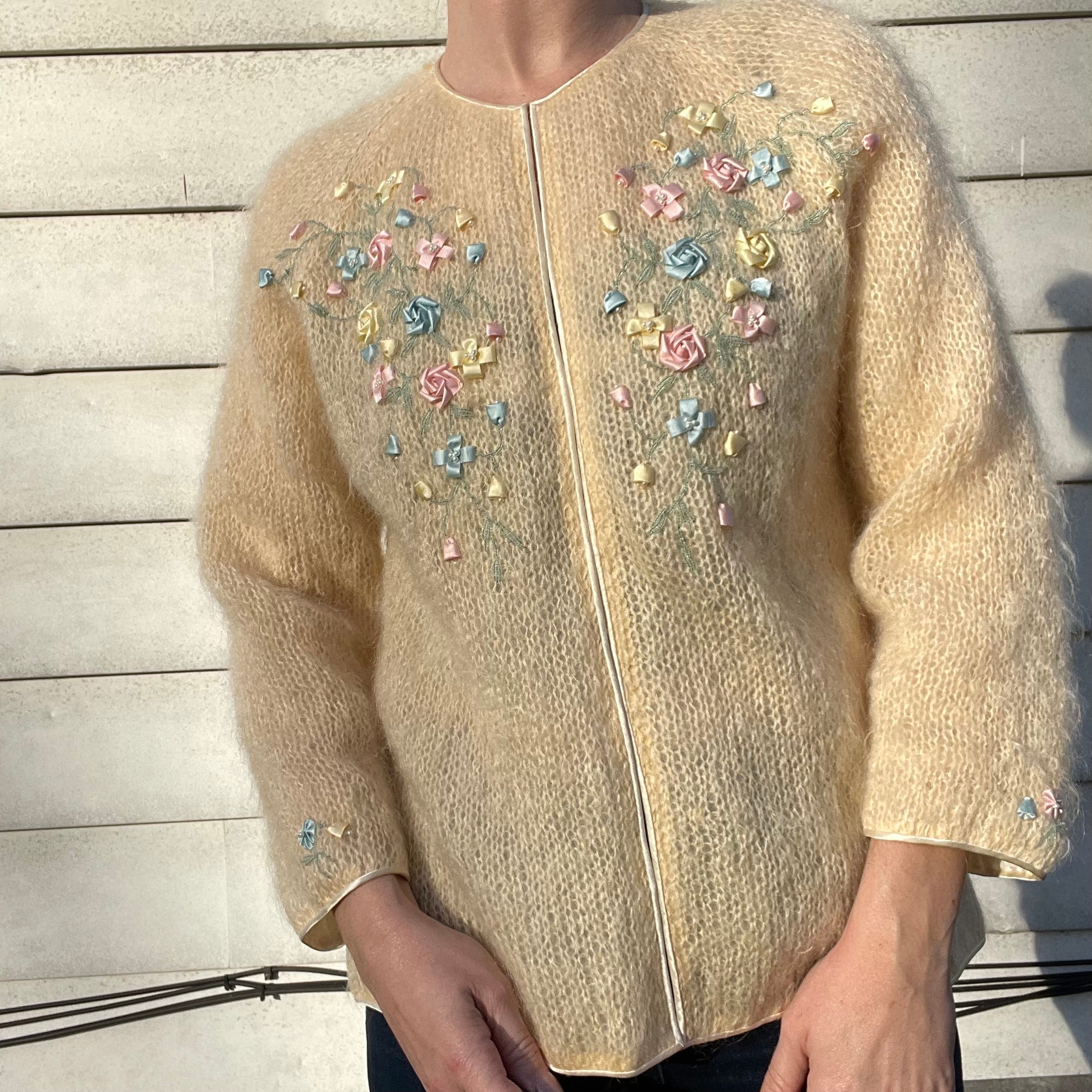50s/60s Vintage Floral Beaded Cardigan | Mohair Wool Blend By Cyn Les - Image 8