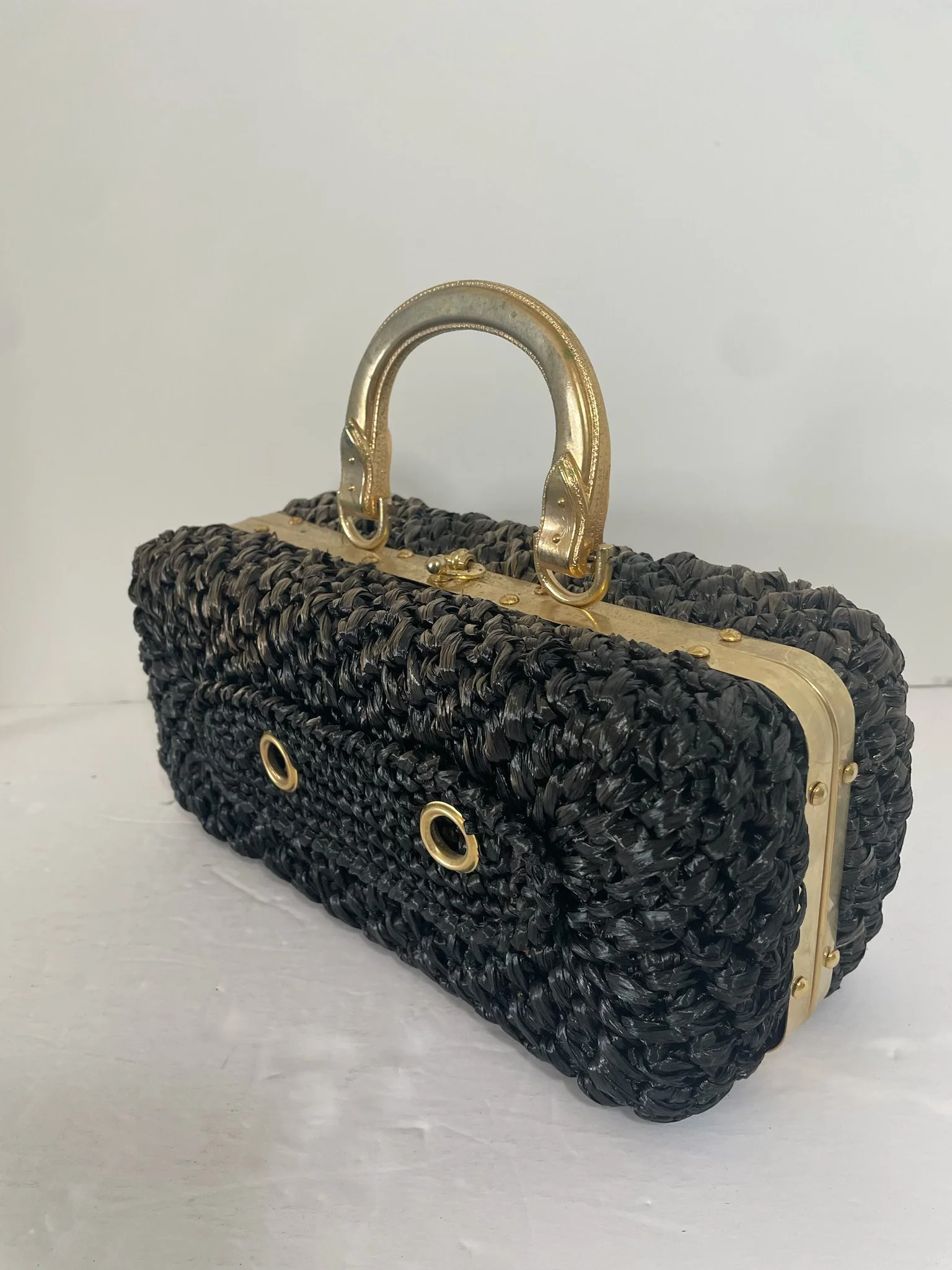 50s/60s Vintage Italian Woven Raffia Box Purse Scarf Holes - Image 4