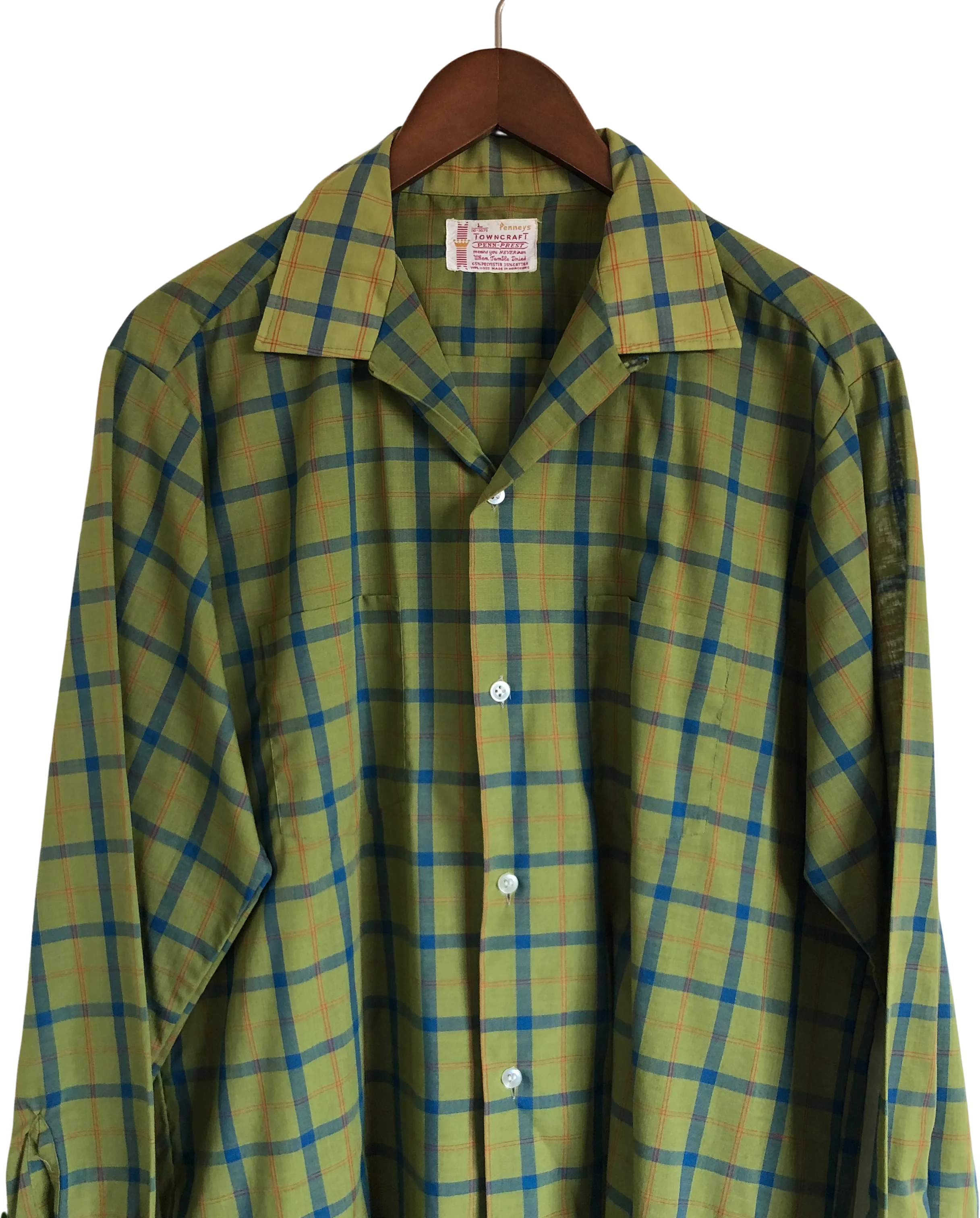 50s/60s Vintage Olive Green Plaid Loop Collar Shirt L Xl By Penneys Towncraft Penn-Prest