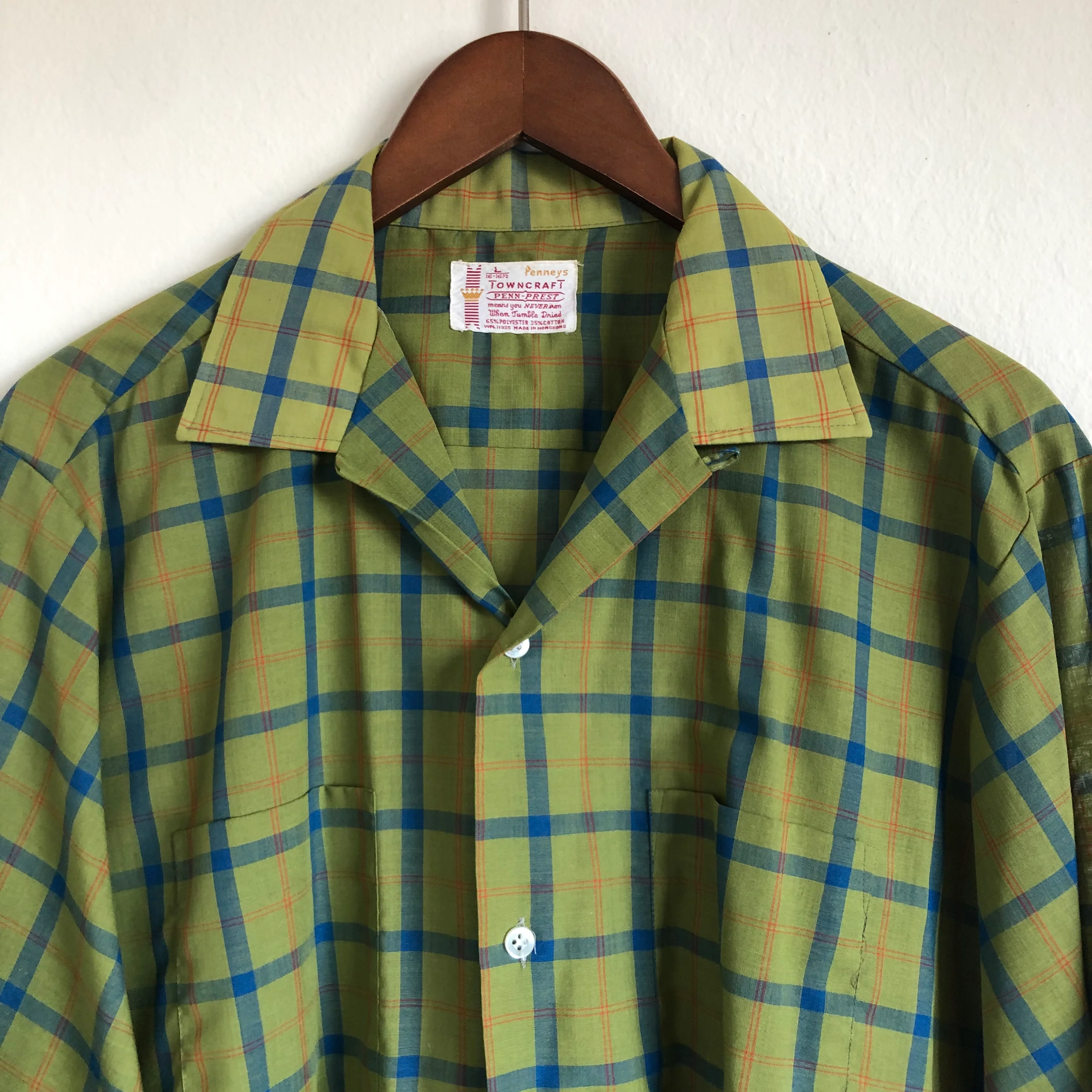 50s/60s Vintage Olive Green Plaid Loop Collar Shirt L Xl By Penneys Towncraft Penn-Prest - Image 3
