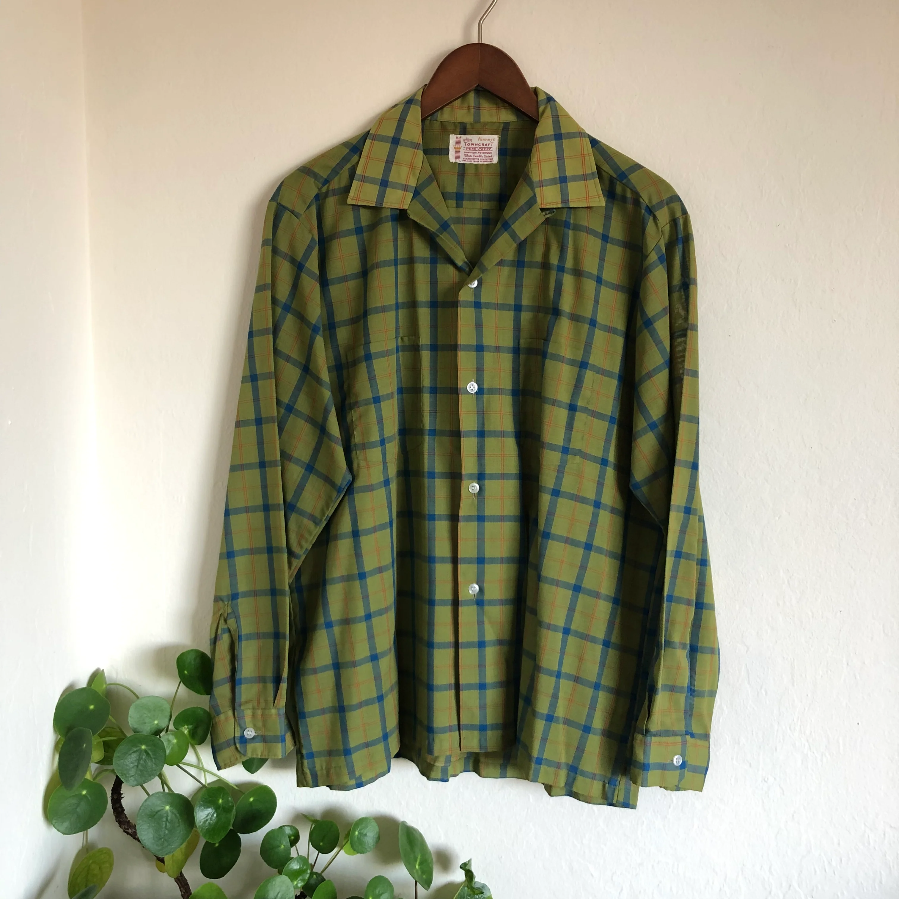 50s/60s Vintage Olive Green Plaid Loop Collar Shirt L Xl By Penneys Towncraft Penn-Prest - Image 4