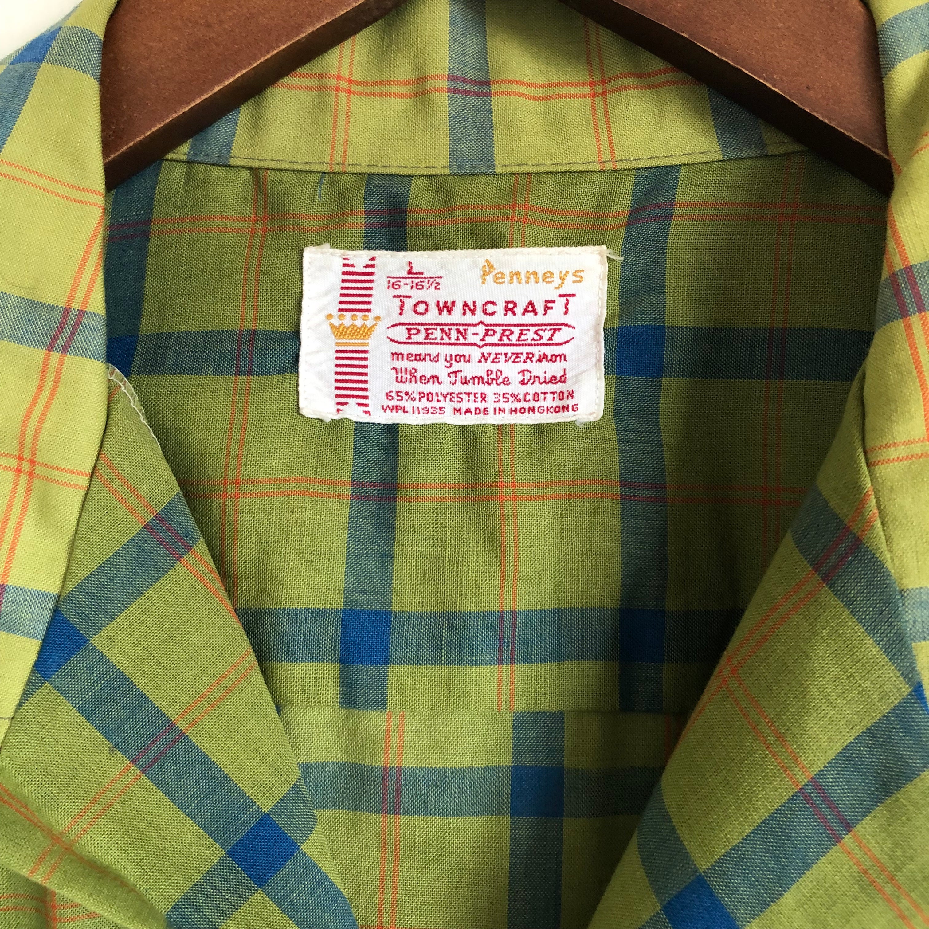 50s/60s Vintage Olive Green Plaid Loop Collar Shirt L Xl By Penneys Towncraft Penn-Prest - Image 6