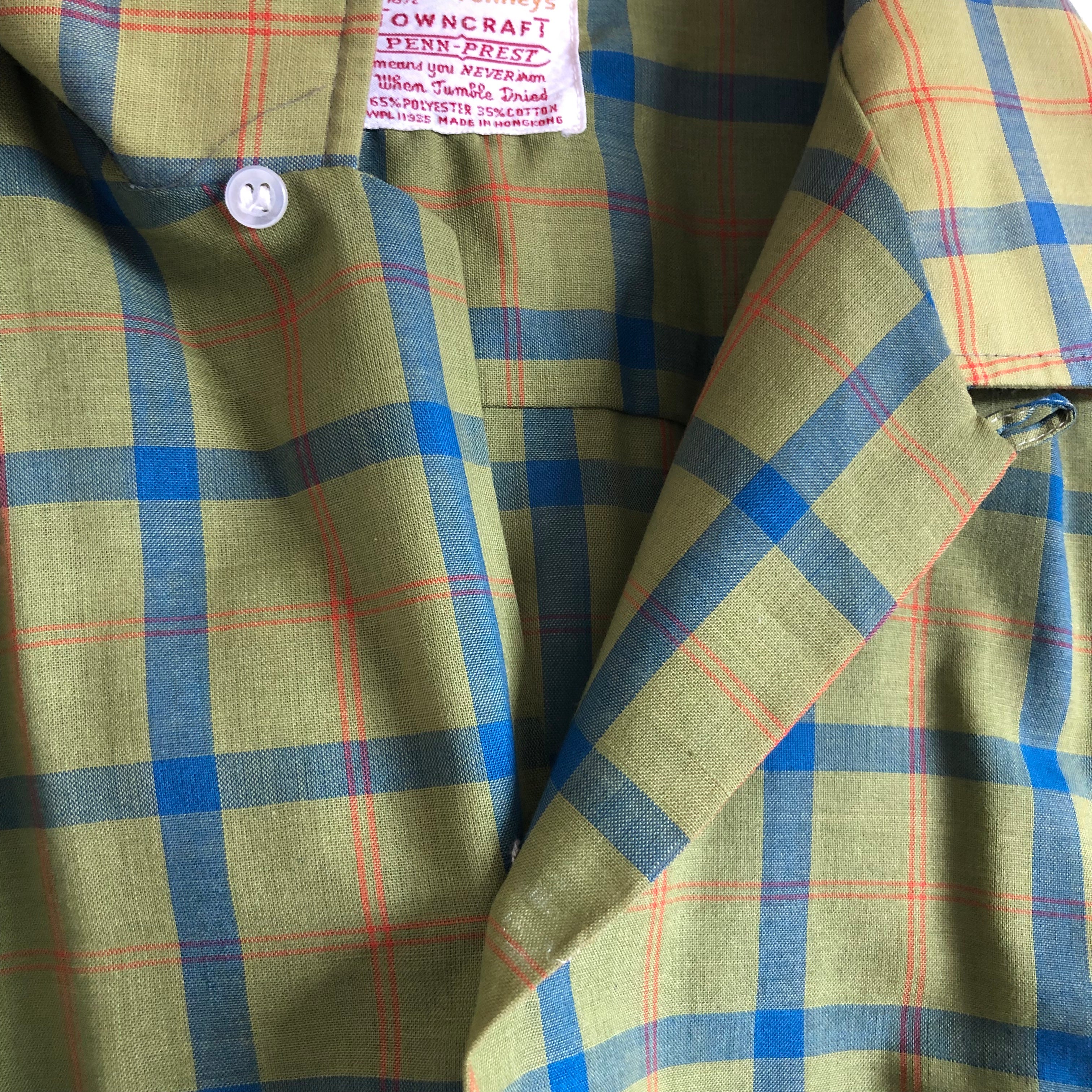 50s/60s Vintage Olive Green Plaid Loop Collar Shirt L Xl By Penneys Towncraft Penn-Prest - Image 7