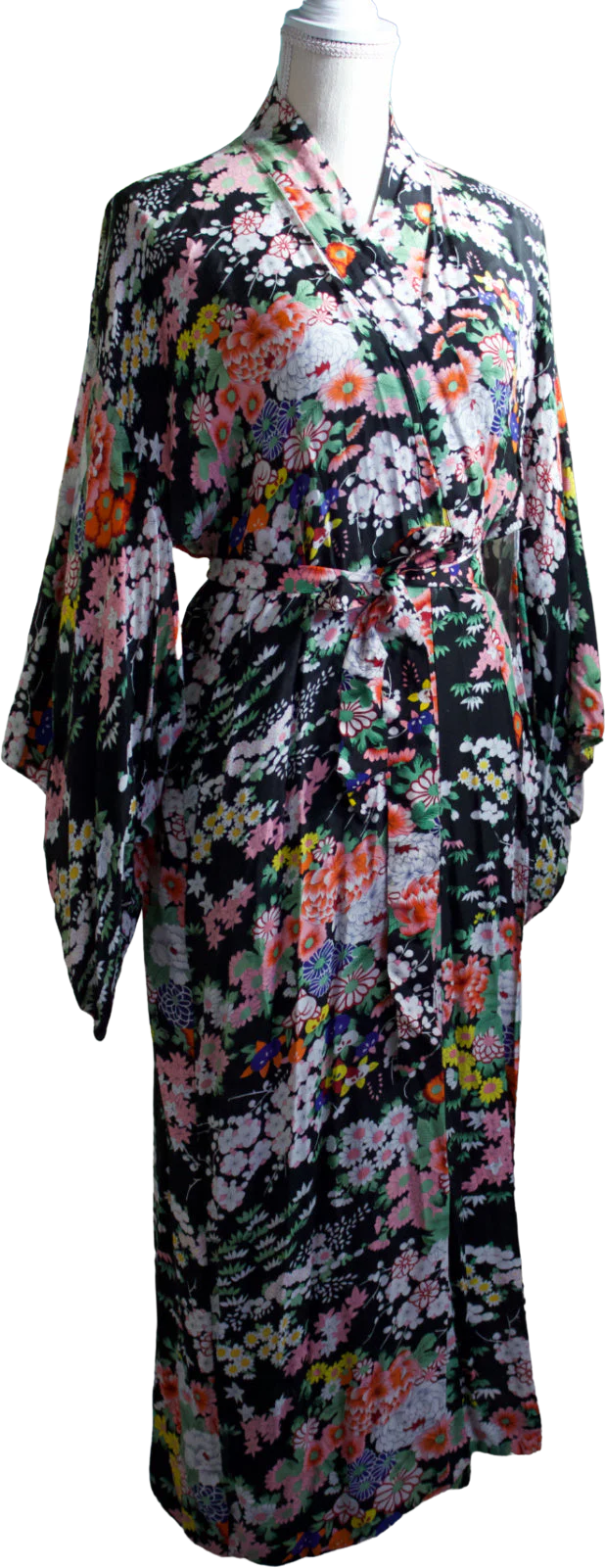 50s - 60s Vintage Style Robe with Original Belt and Beautiful Flowers On Black Background