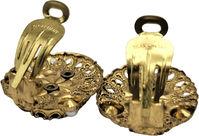 50s/60s W. Germany Gold Filigree Rhinestone Clip Earrings - Image 2