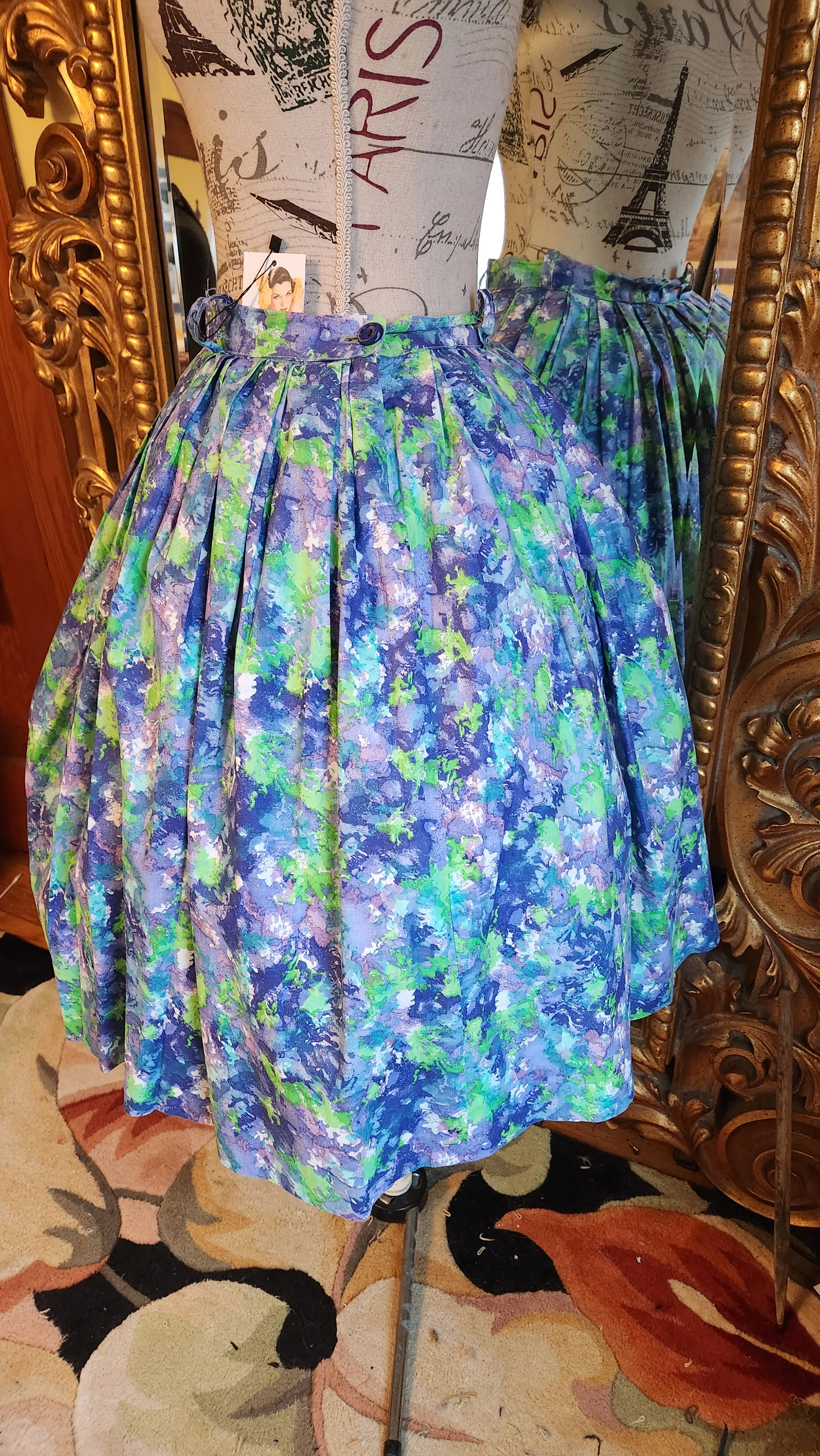 50s/60s Watercolor Floral Cotton Full Skirt - Image 3