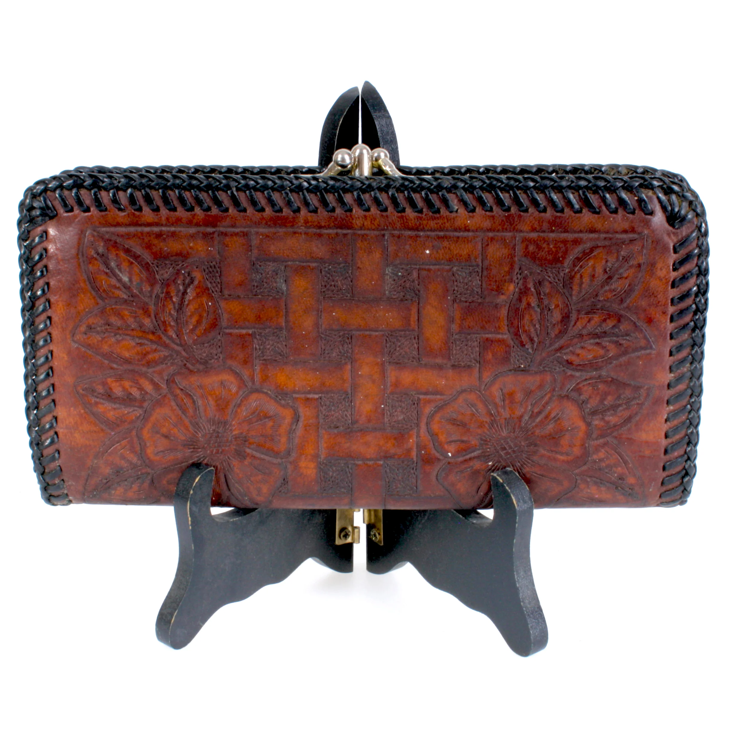 50s/60s Whisky Brown Black Tooled Leather Wallet Western - Image 3