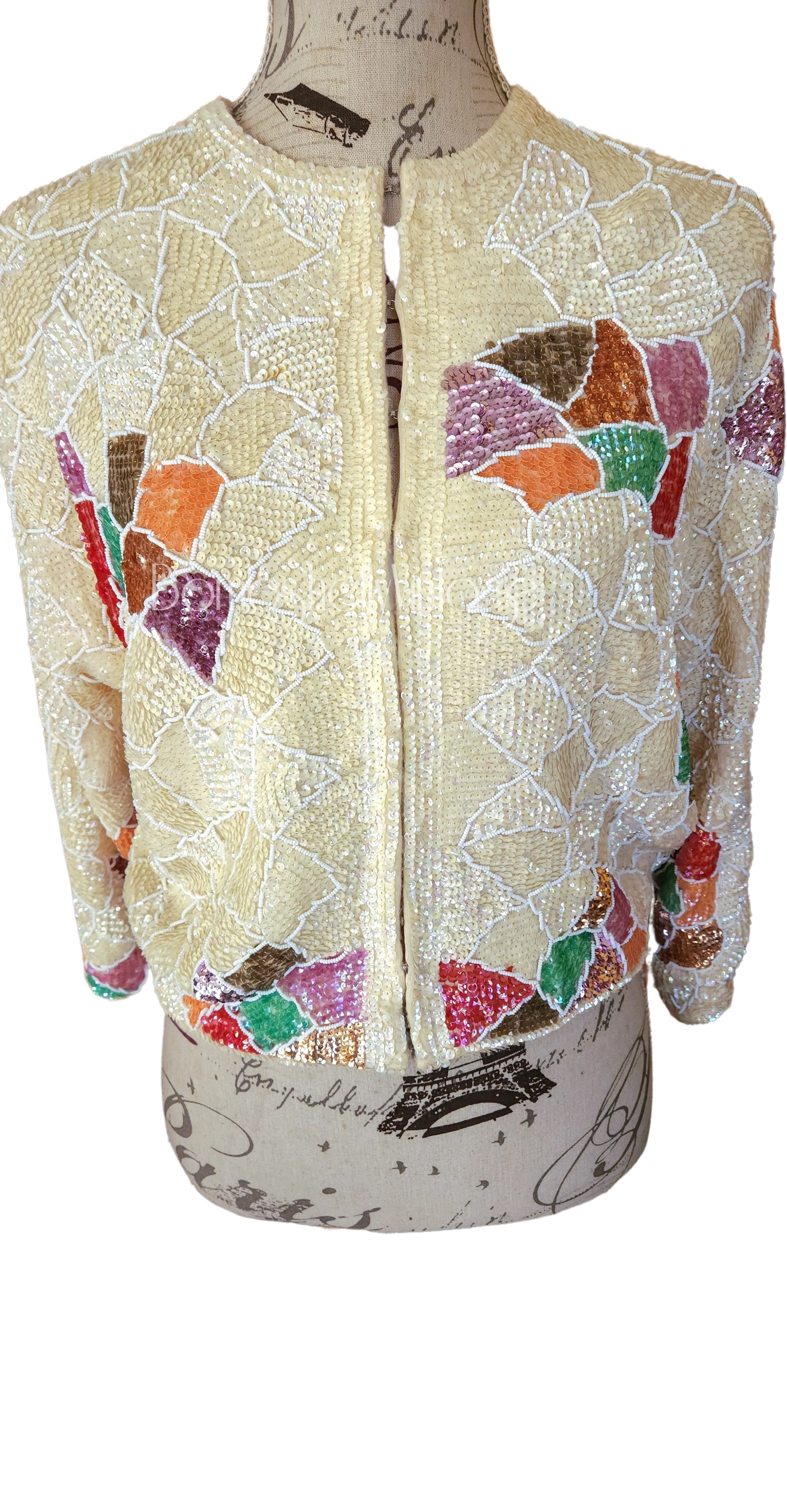50s/60s White Multi Irridescent Sequin And Beaded Cardigan