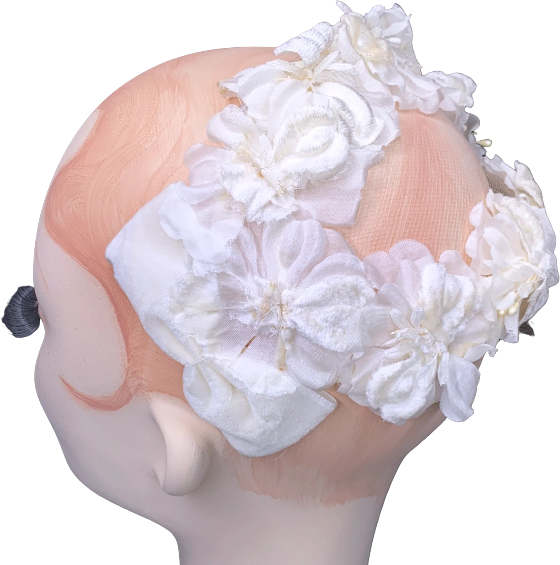 50s/60s White Velvet Flower Wedding Juliette Headband Hat