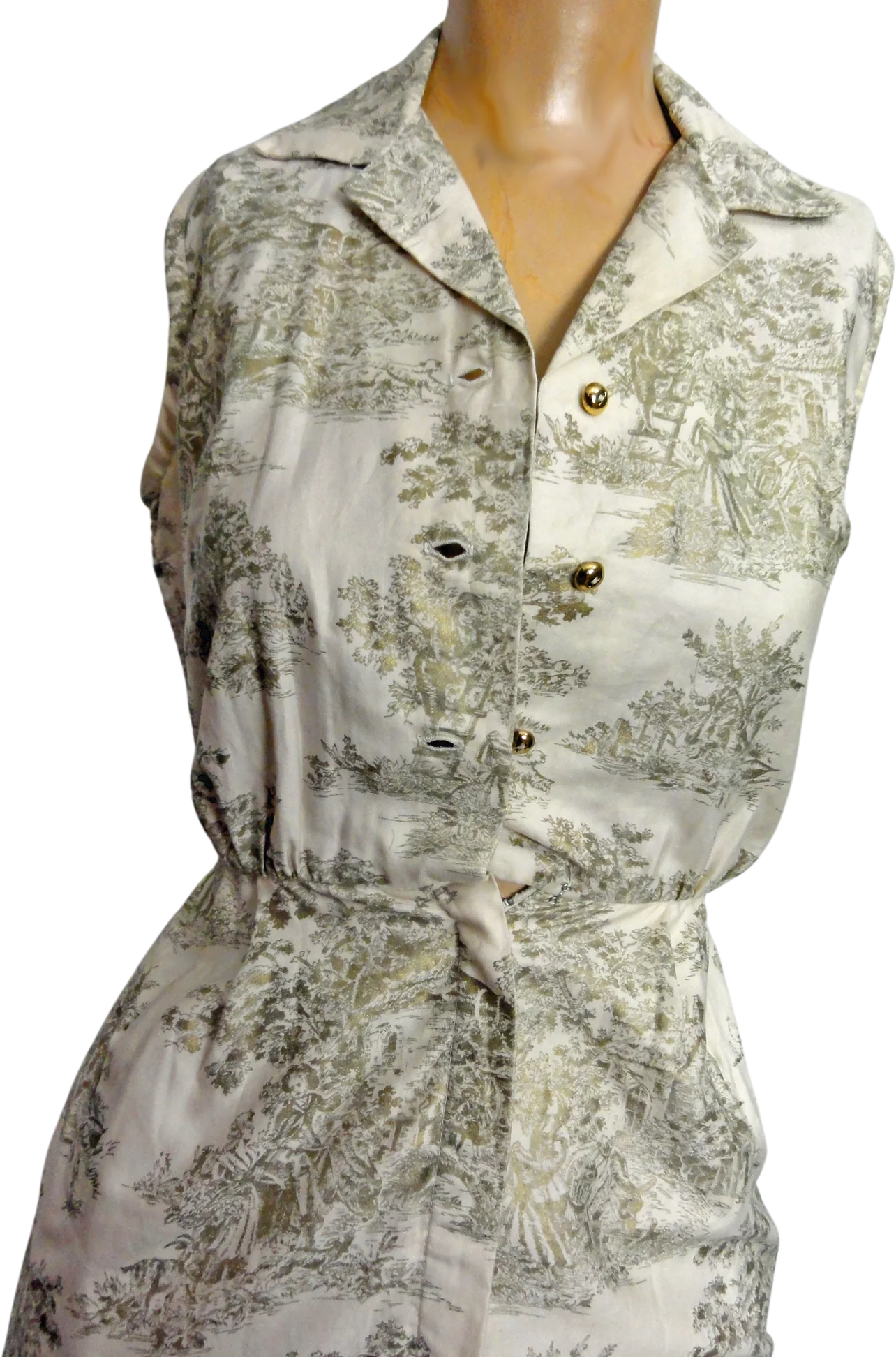 50s/60s Wiggle Dress Gold Toile Print Sheath Extra Small - Image 2