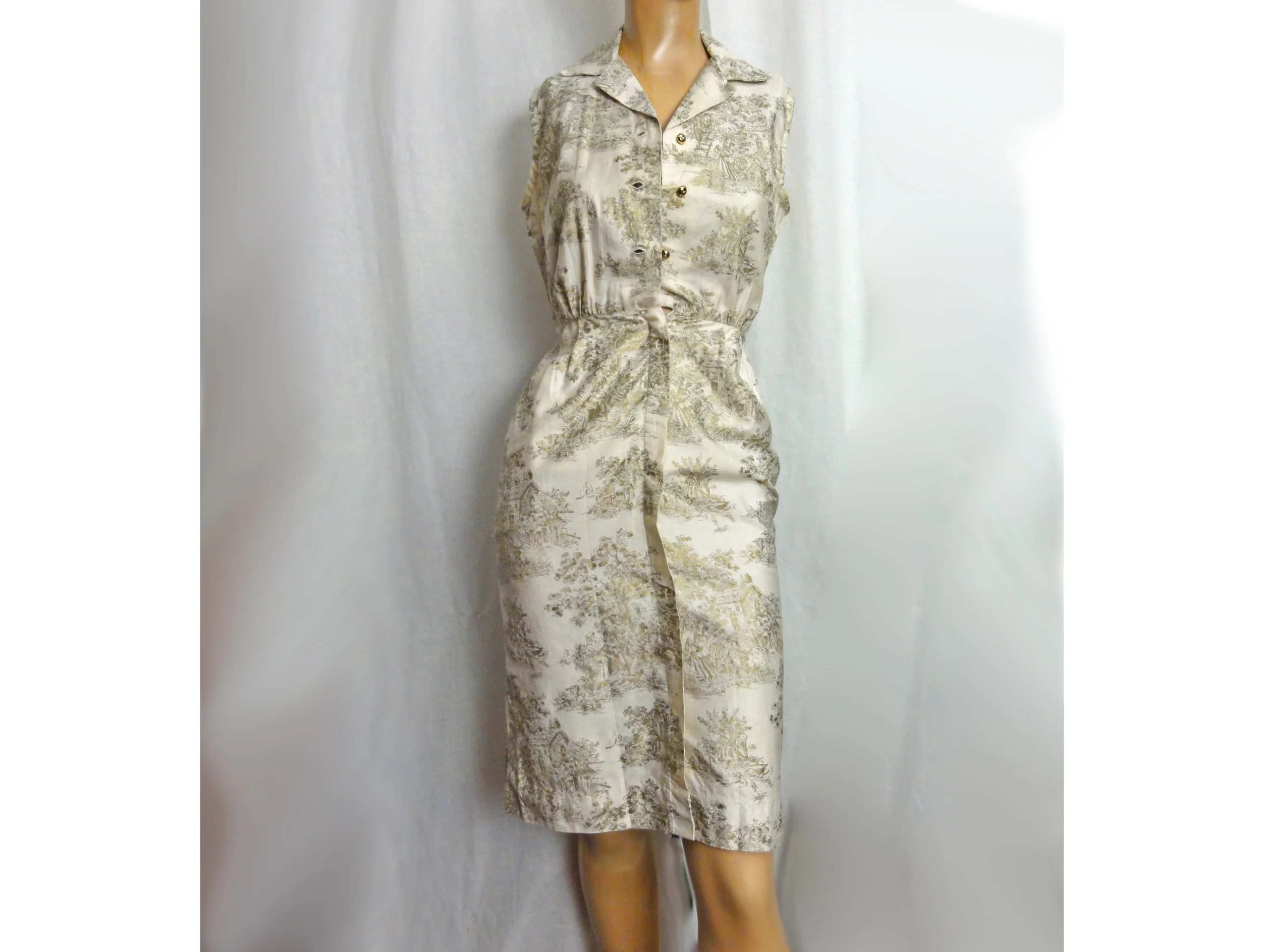 50s/60s Wiggle Dress Gold Toile Print Sheath Extra Small - Image 3