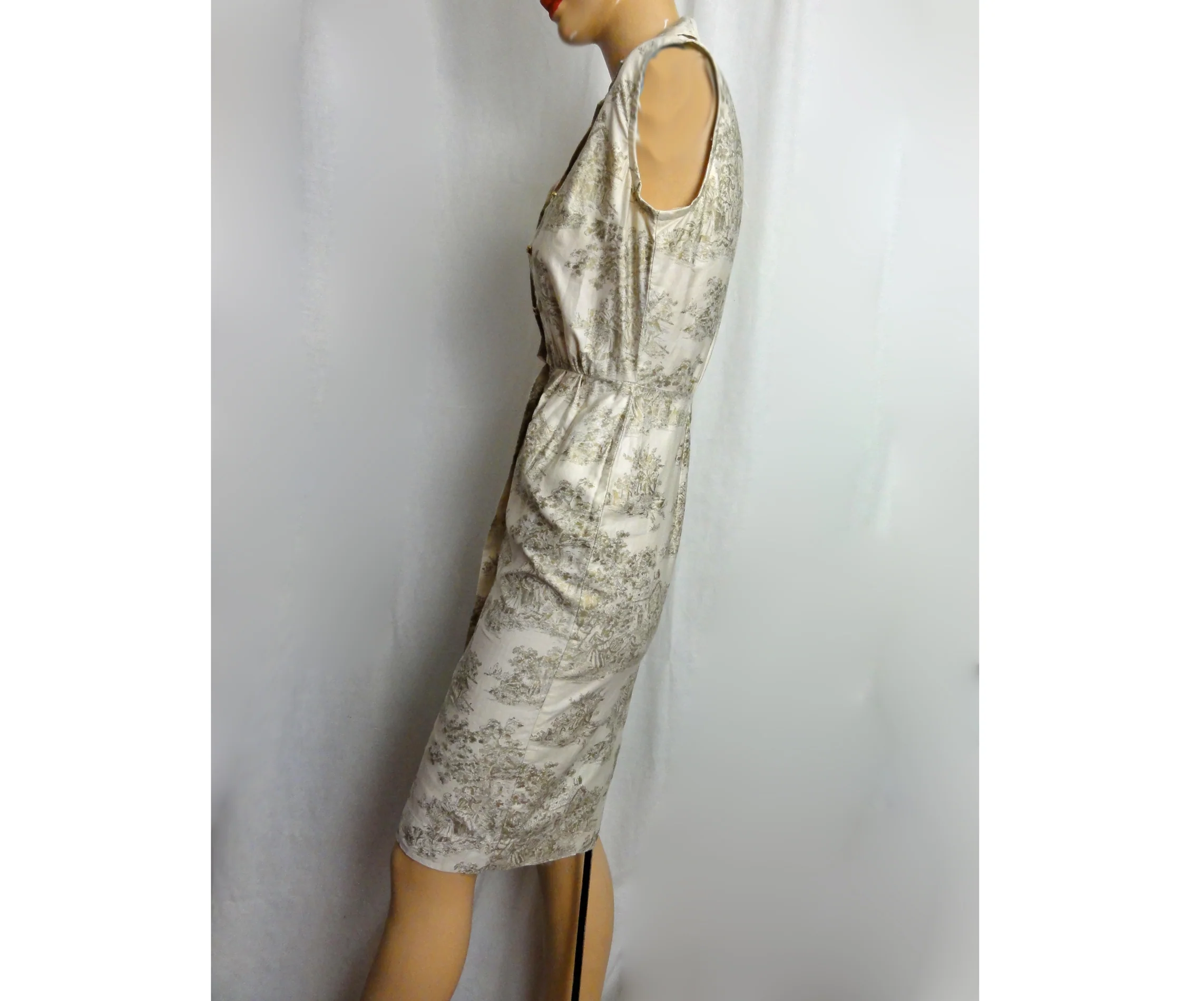 50s/60s Wiggle Dress Gold Toile Print Sheath Extra Small - Image 4