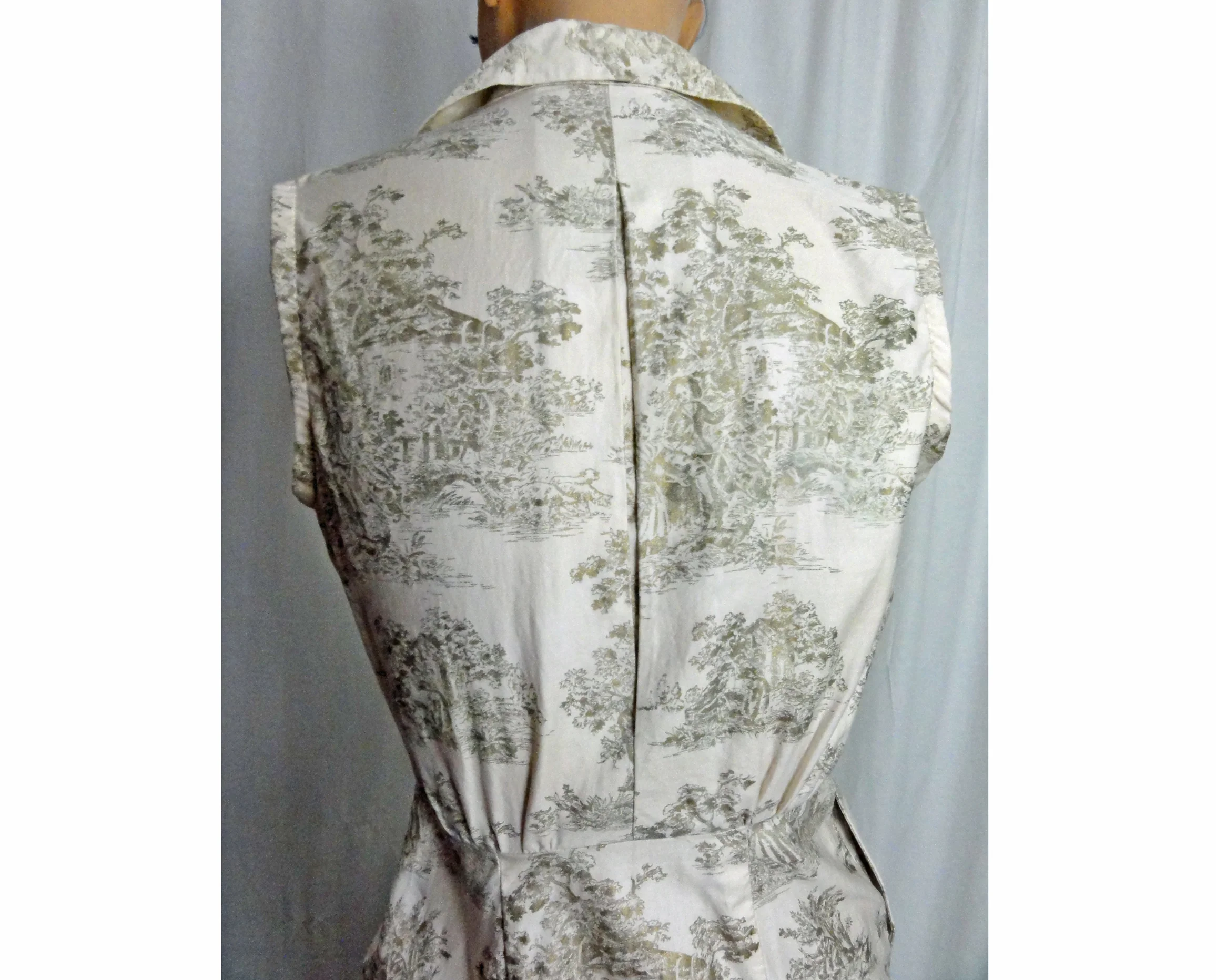 50s/60s Wiggle Dress Gold Toile Print Sheath Extra Small - Image 5