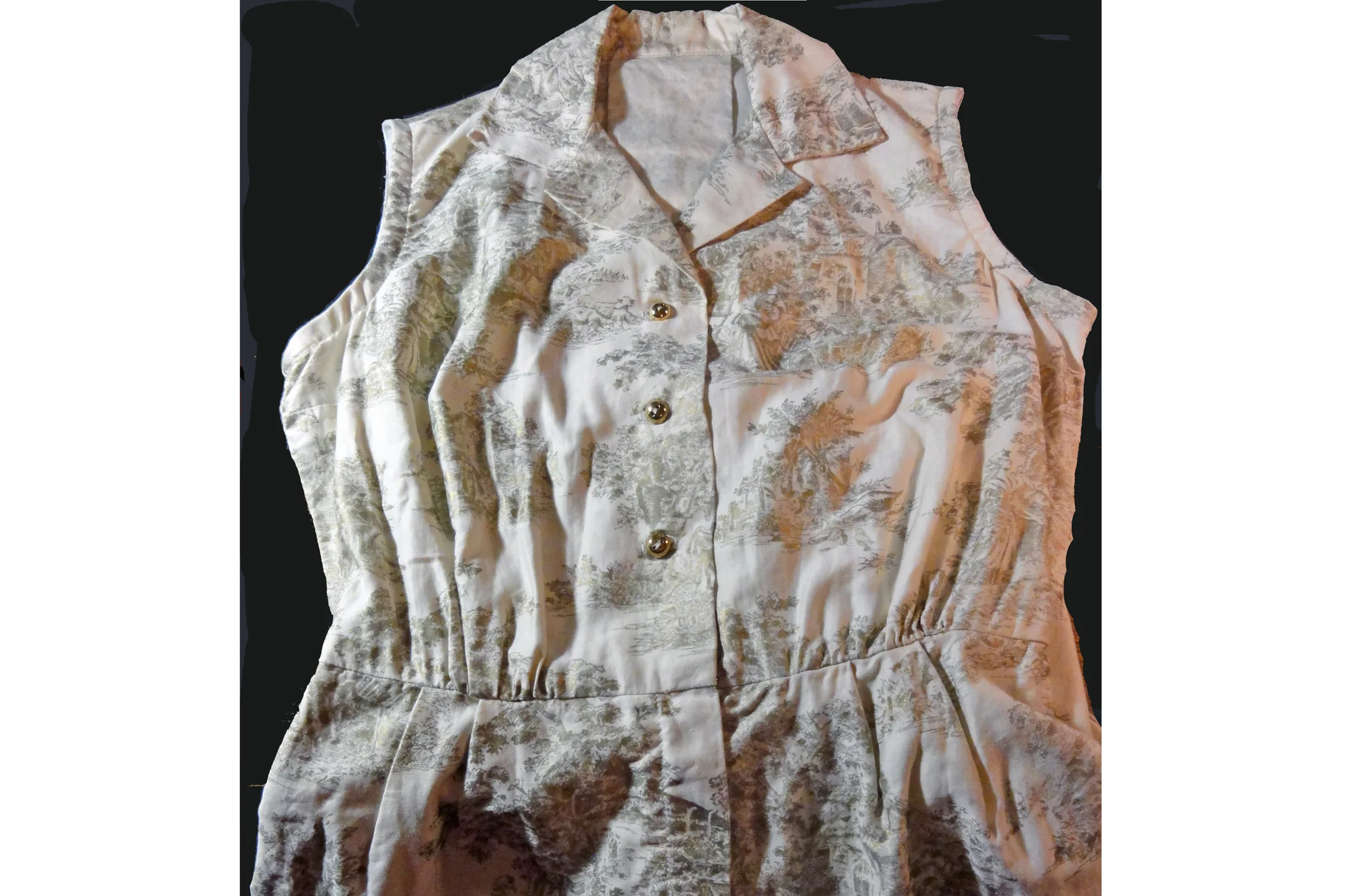 50s/60s Wiggle Dress Gold Toile Print Sheath Extra Small - Image 7