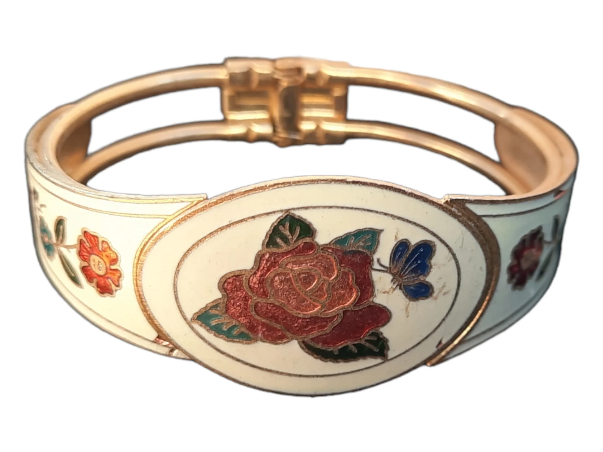 50s/60s Womens White Cloisonne Enamel Hinged Cuff Bracelet - Image 6