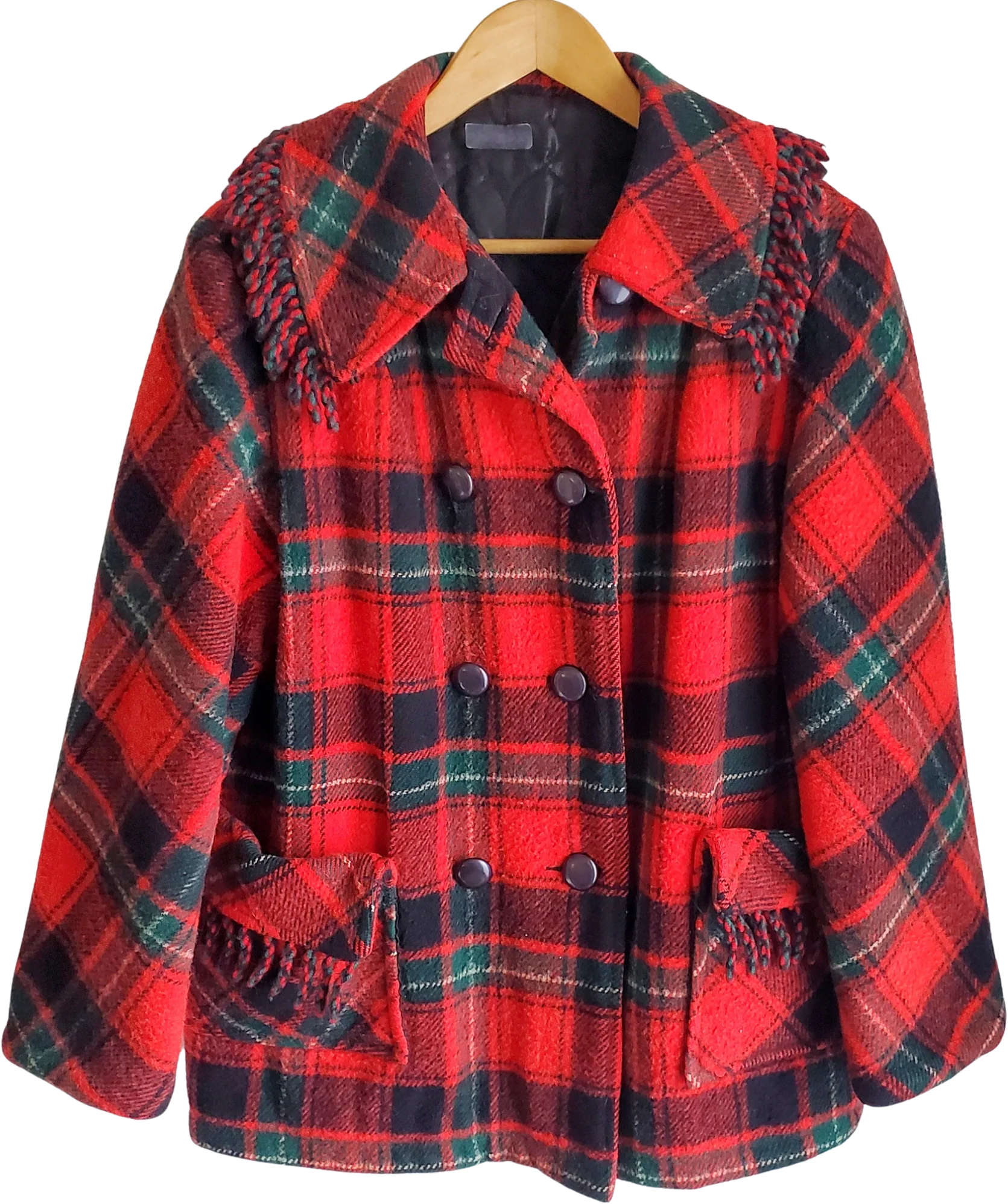 50s/60s Wool Red Plaid Coat With Fringe And Quilted Lining
